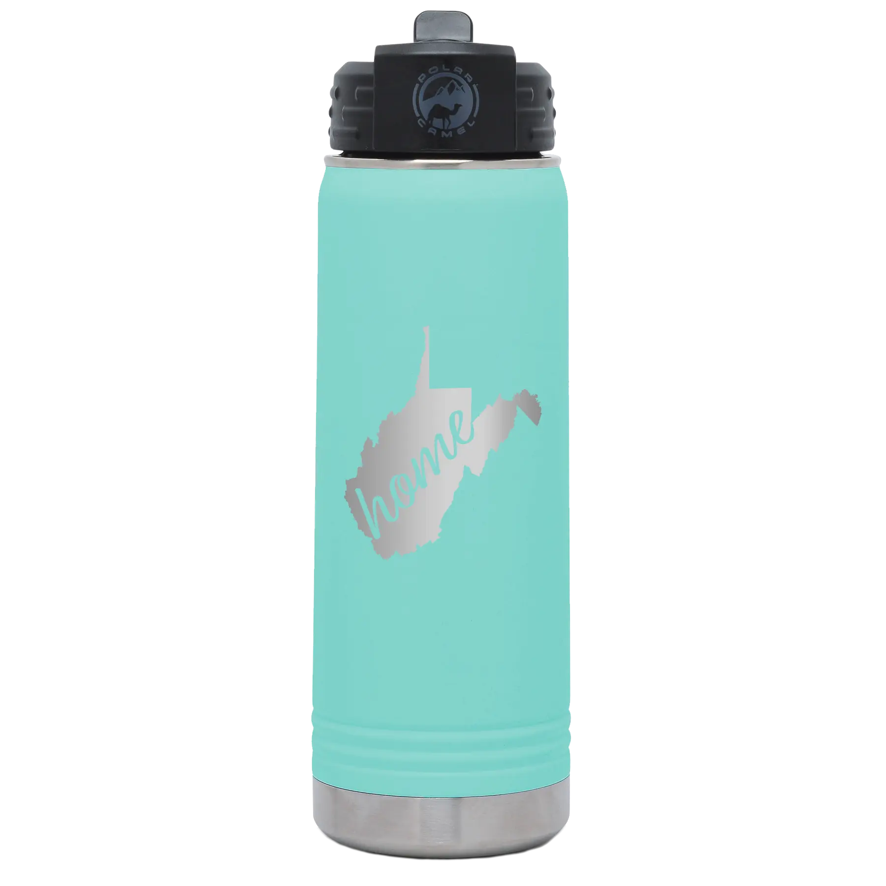 Laser etched teal 20 oz vacuum insulated water bottle with 'West Virginia Home' design