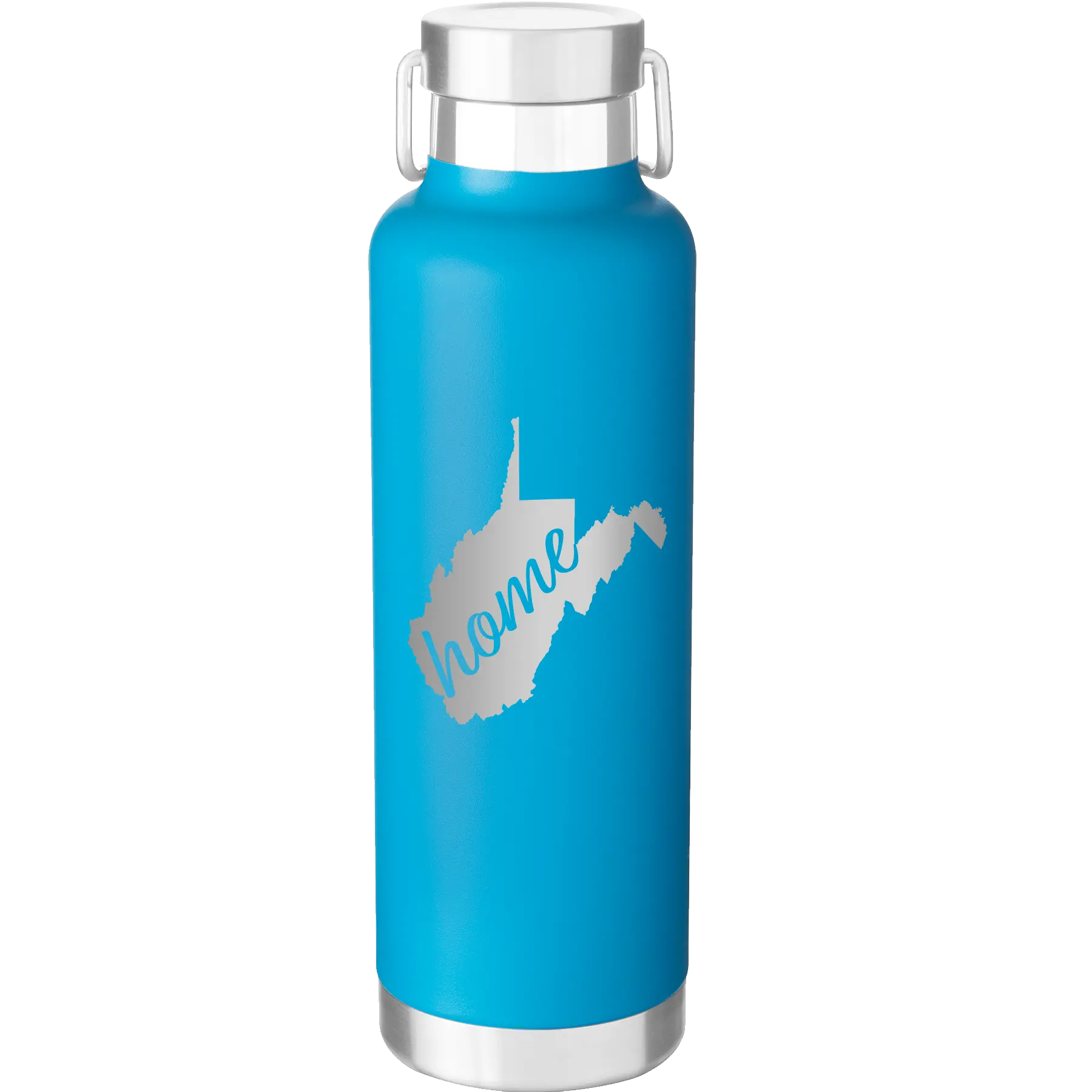 Laser etched aqua 24 oz vacuum insulated water bottle with 'West Virginia Home' design