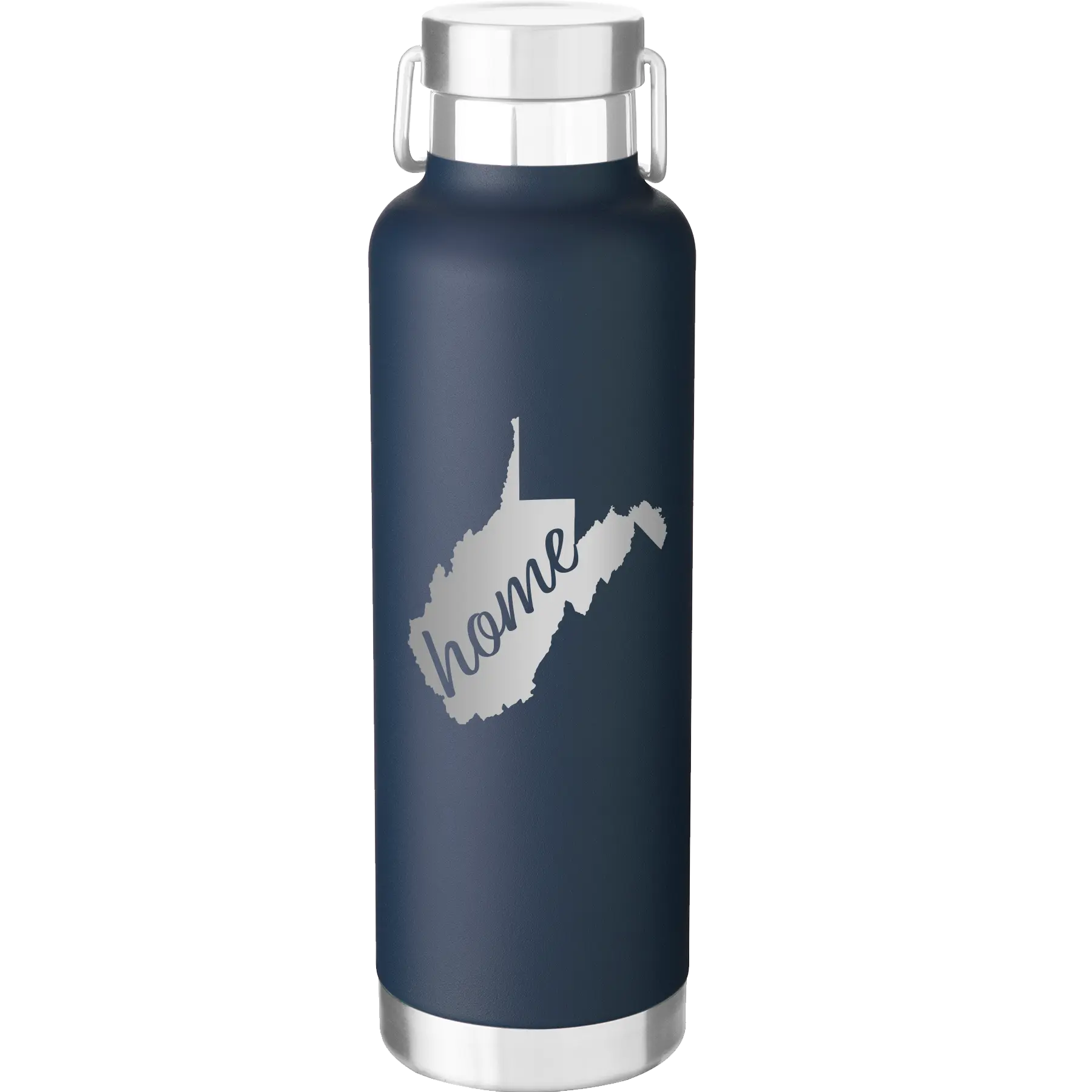 Laser etched navy 24 oz vacuum insulated water bottle with 'West Virginia Home' design