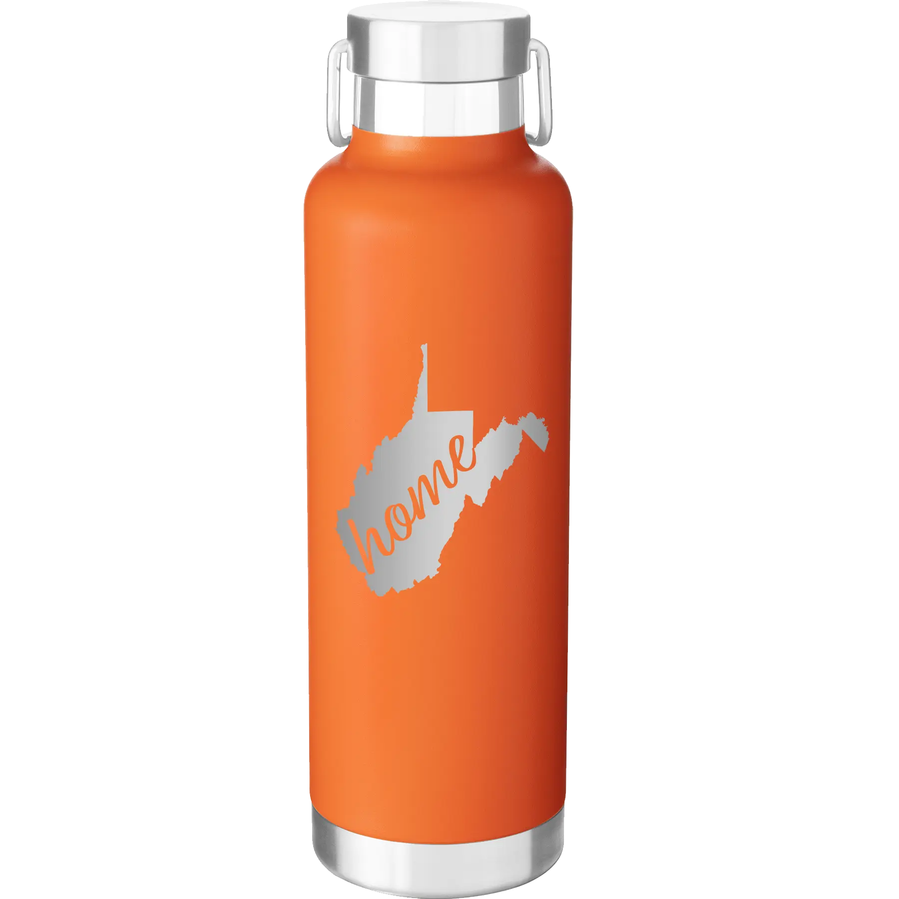 Laser etched orange 24 oz vacuum insulated water bottle with 'West Virginia Home' design