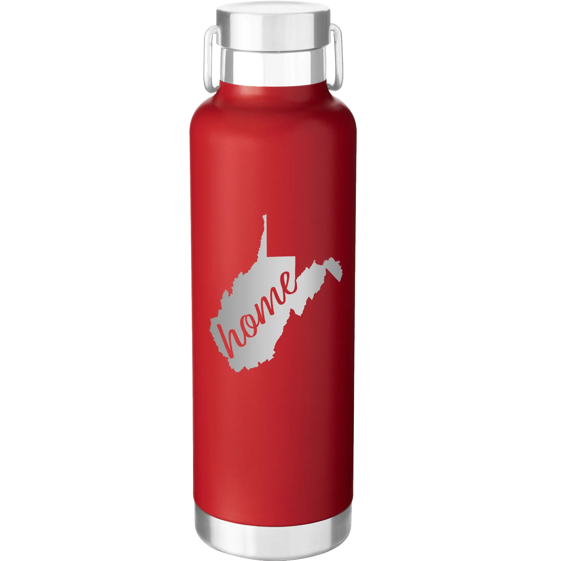 Laser etched red 24 oz vacuum insulated water bottle with 'West Virginia Home' design
