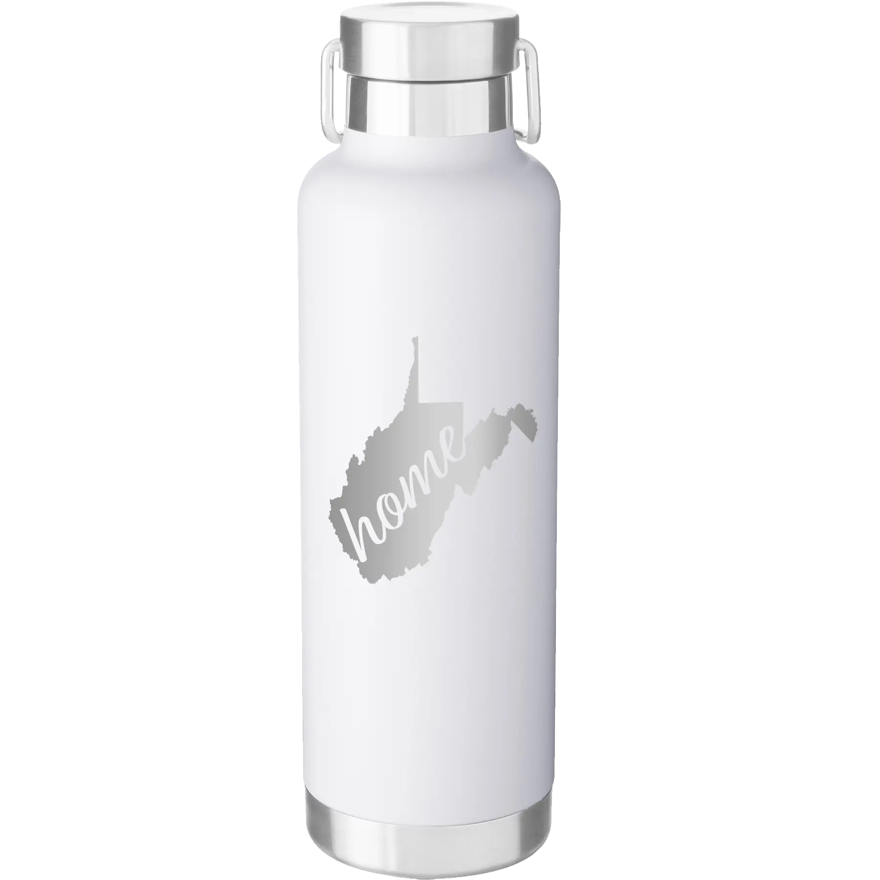 Laser etched white 24 oz vacuum insulated water bottle with 'West Virginia Home' design
