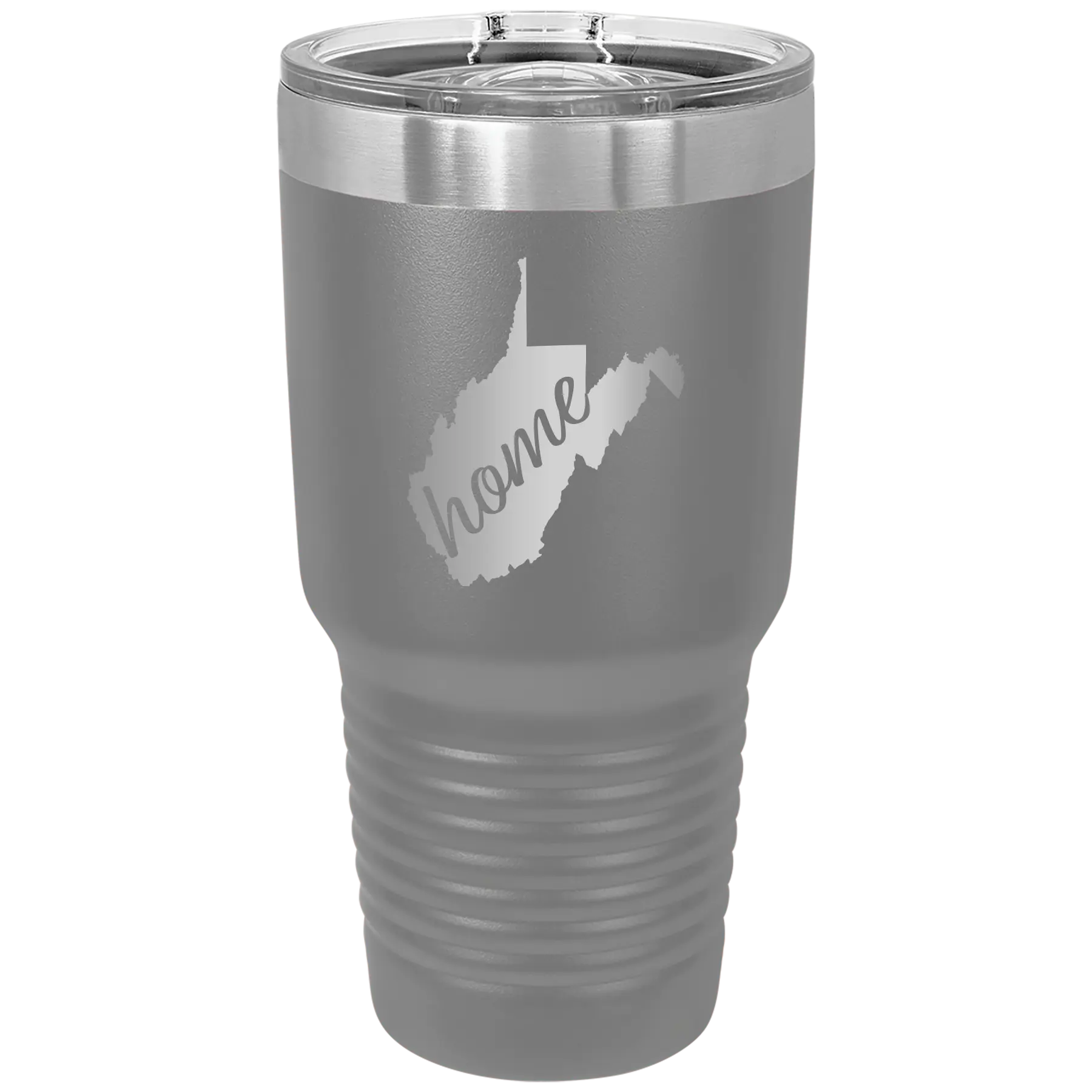 Laser etched dark gray 30 oz vacuum insulated tumbler with 'West Virginia Home' design