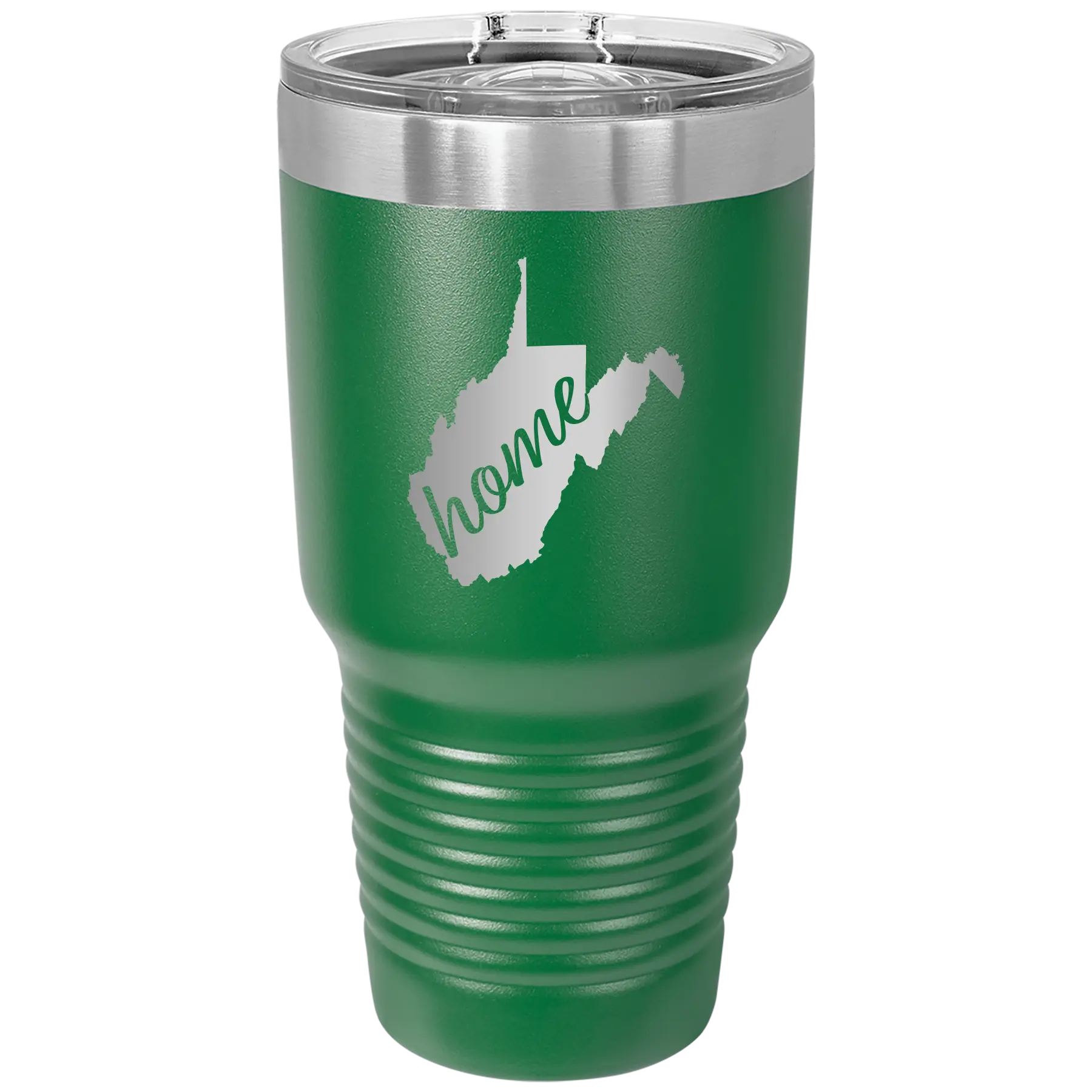 Laser etched green 30 oz vacuum insulated tumbler with 'West Virginia Home' design