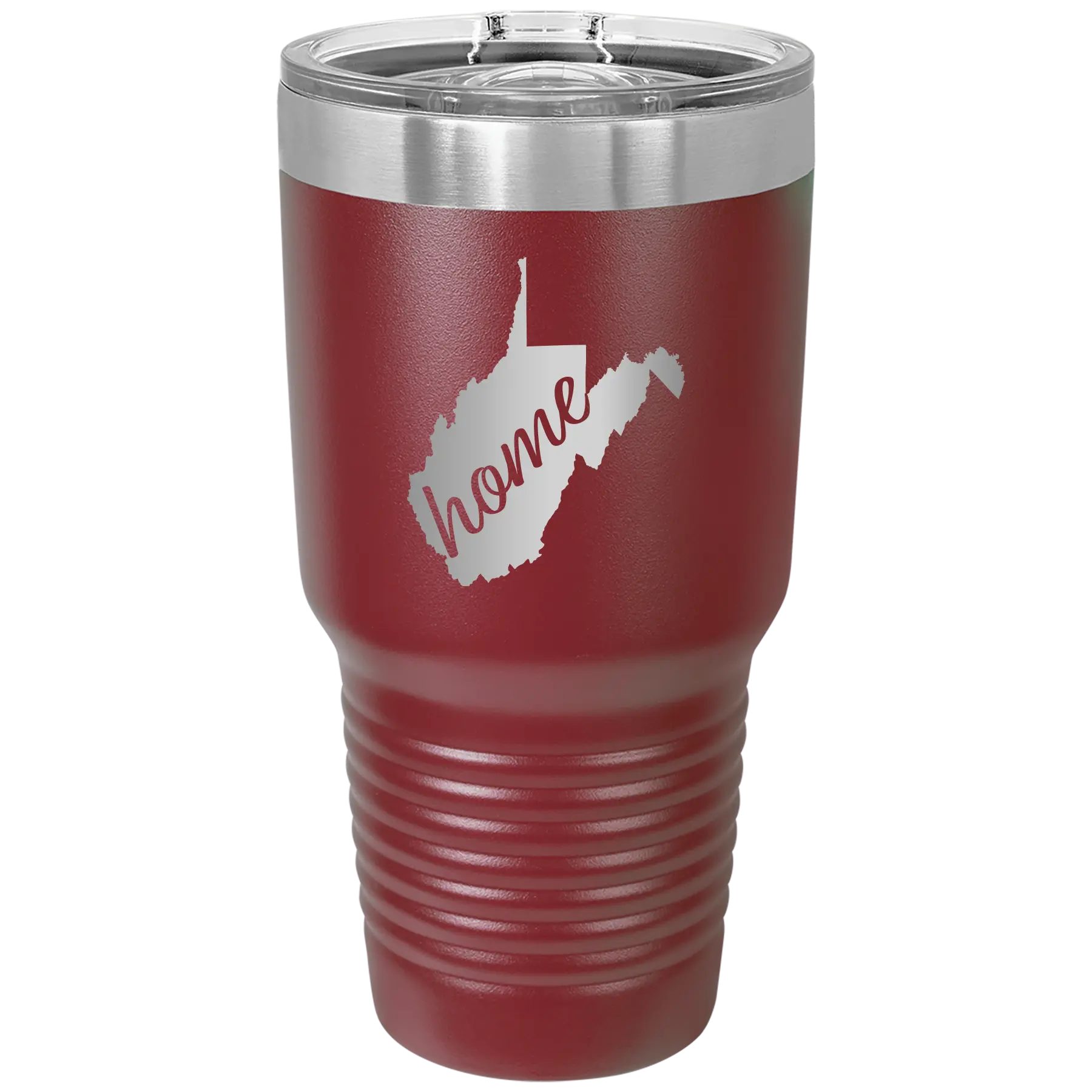 Laser etched maroon 30 oz vacuum insulated tumbler with 'West Virginia Home' design