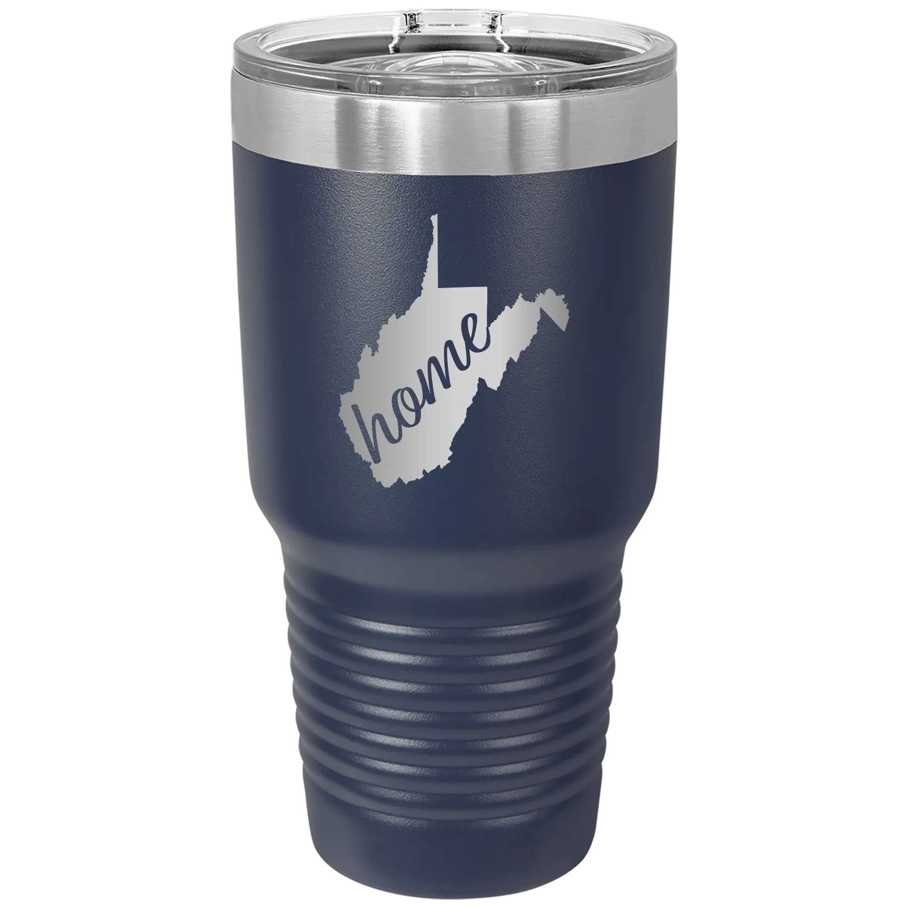 Laser etched navy 30 oz vacuum insulated tumbler with 'West Virginia Home' design