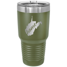 Laser etched olive green 30 oz vacuum insulated tumbler with 'West Virginia Home' design