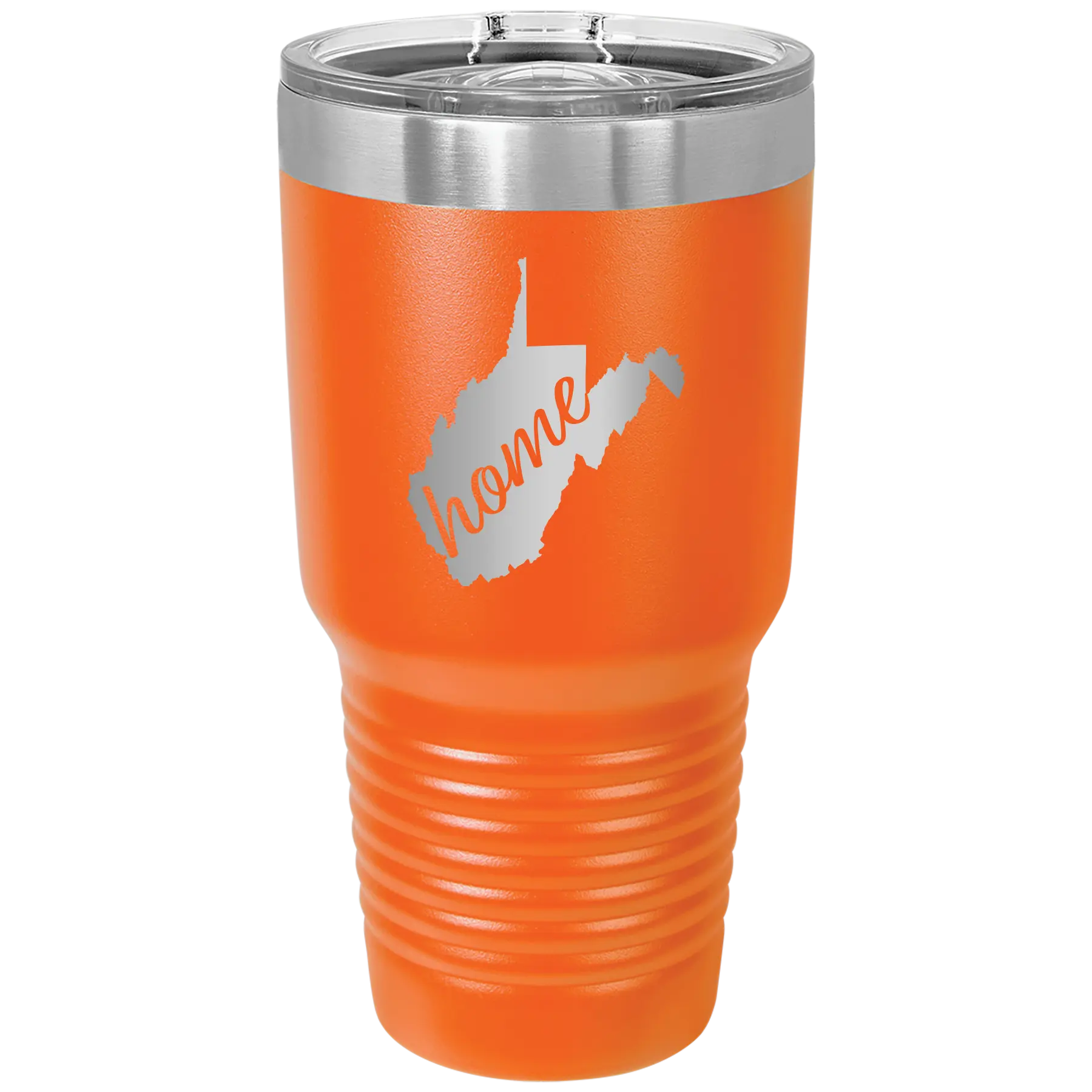 Laser etched orange 30 oz vacuum insulated tumbler with 'West Virginia Home' design