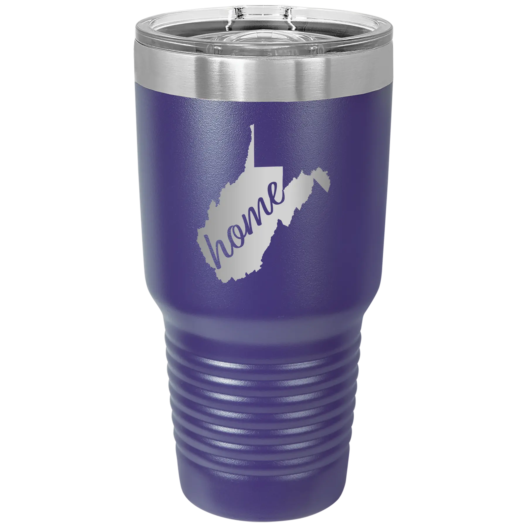 Laser etched purple 30 oz vacuum insulated tumbler with 'West Virginia Home' design