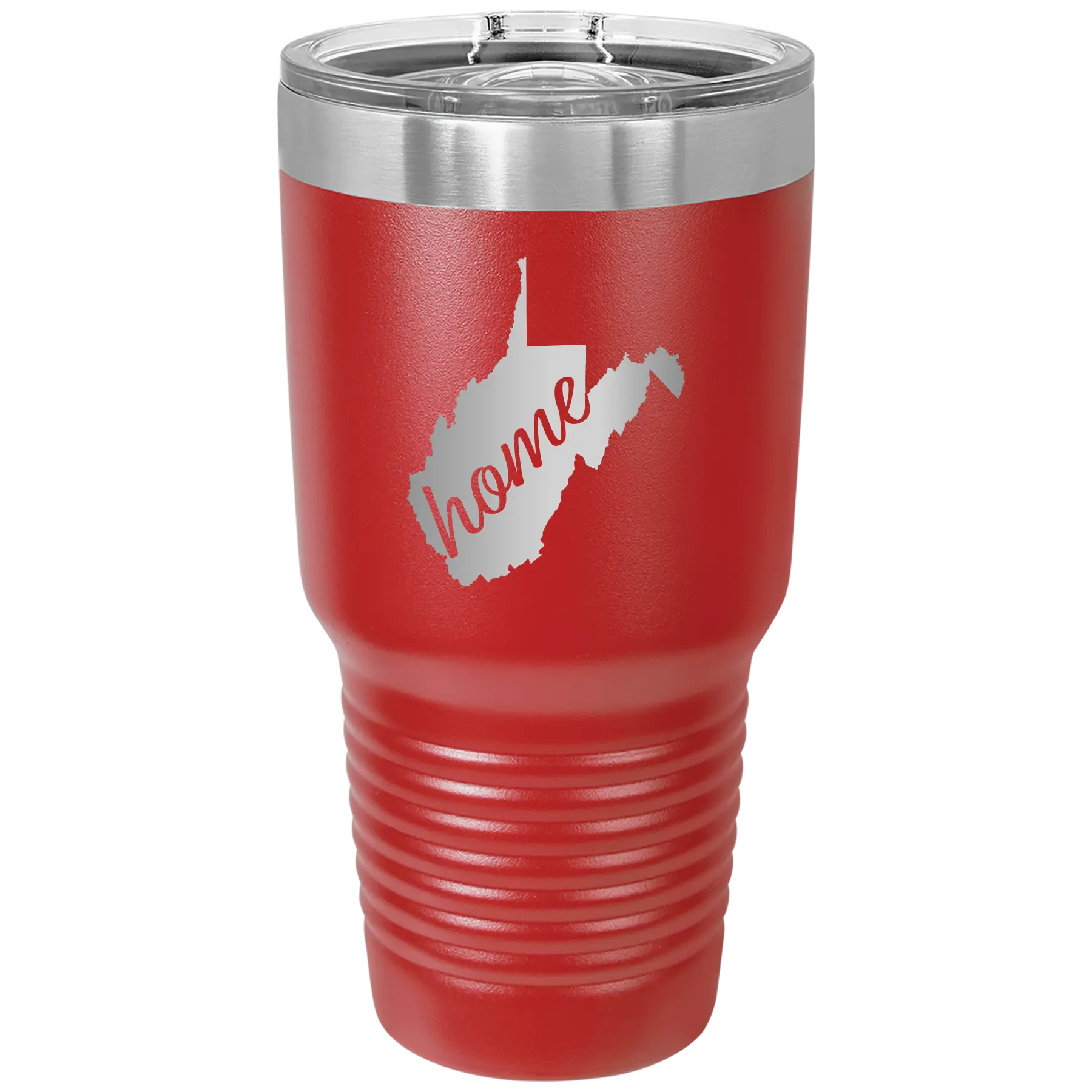 Laser etched red 30 oz vacuum insulated tumbler with 'West Virginia Home' design