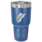 Laser etched royal blue 30 oz vacuum insulated tumbler with 'West Virginia Home' design