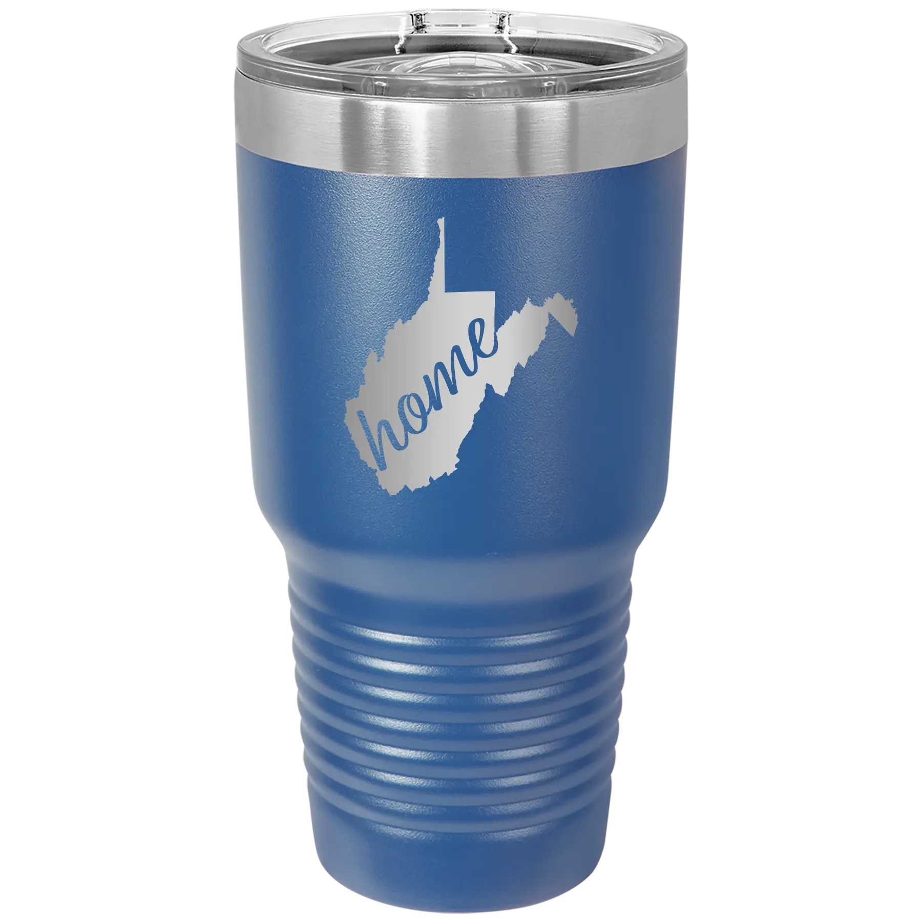 Laser etched royal blue 30 oz vacuum insulated tumbler with 'West Virginia Home' design