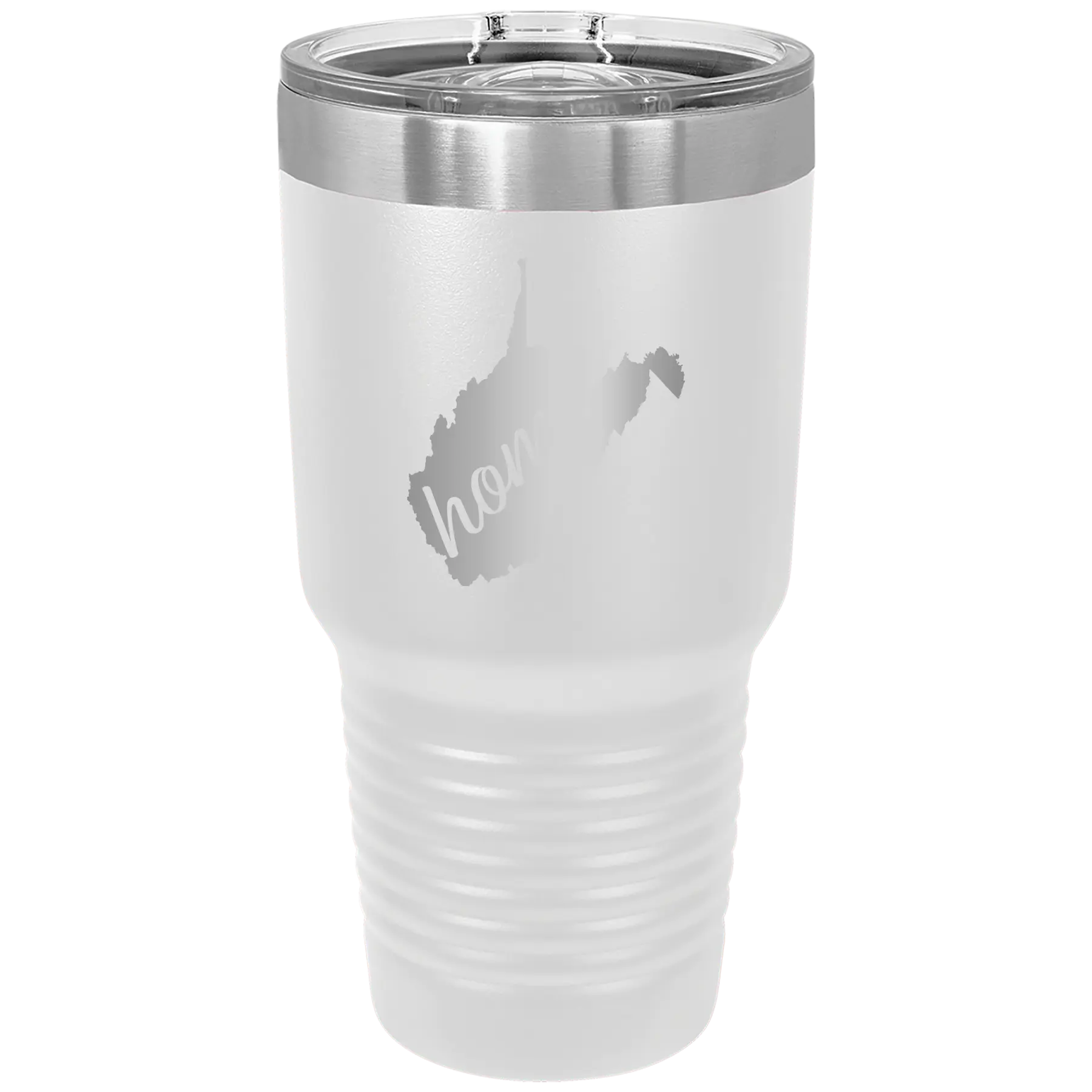 Laser etched white 30 oz vacuum insulated tumbler with 'West Virginia Home' design