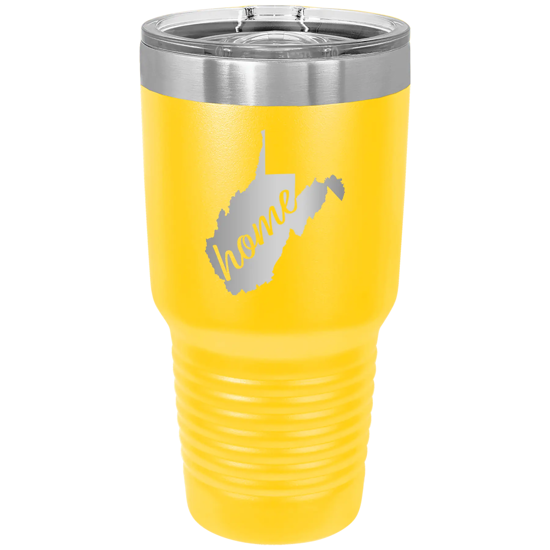 Laser etched yellow 30 oz vacuum insulated tumbler with 'West Virginia Home' design
