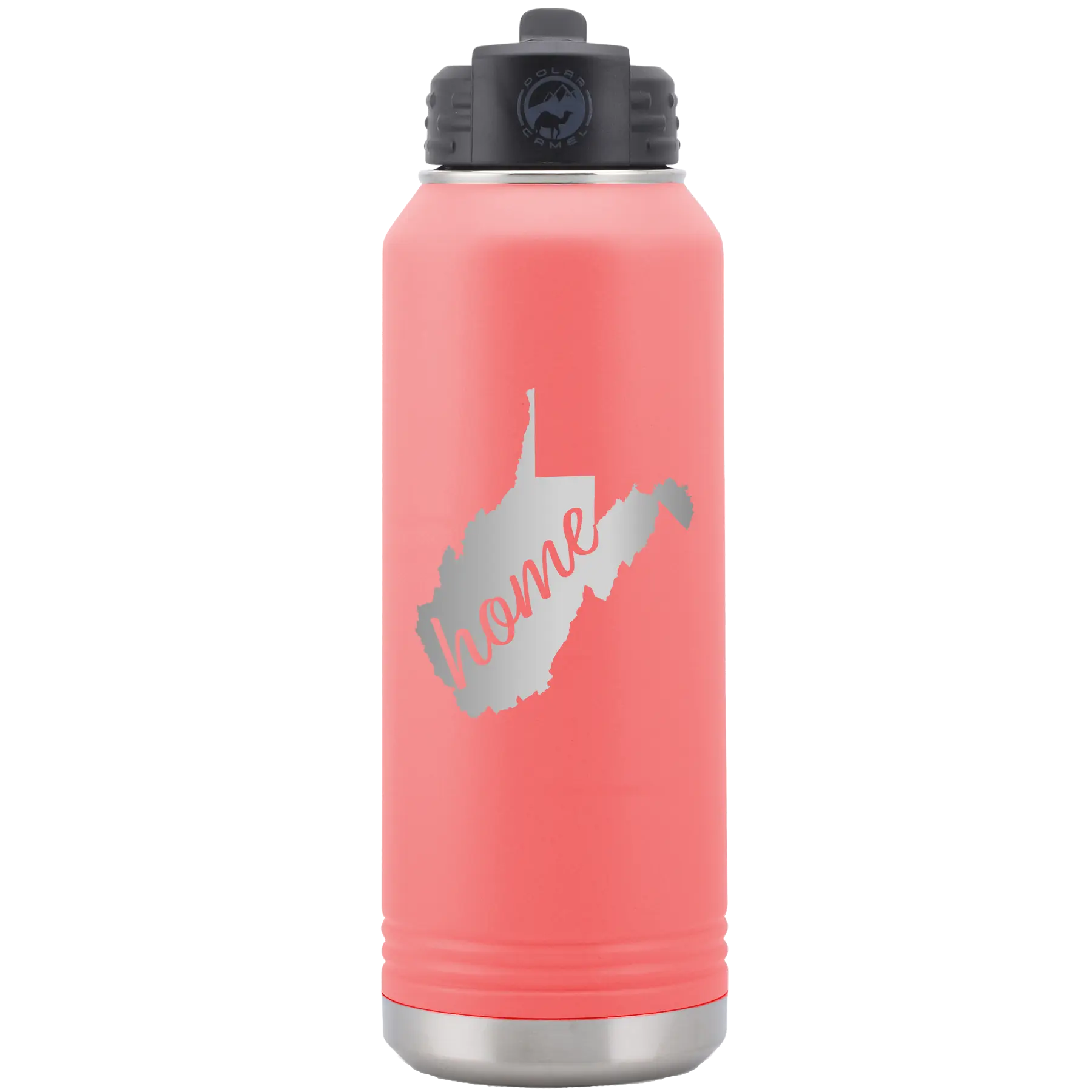 Laser etched coral 32 oz vacuum insulated water bottle with 'West Virginia Home' design