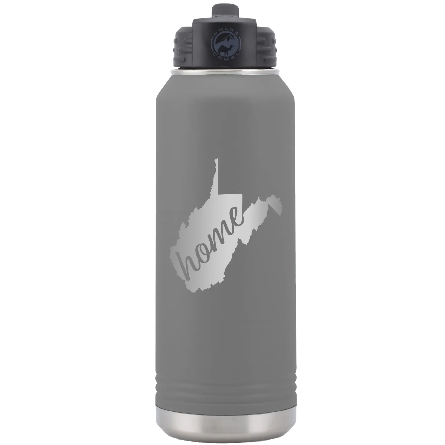 Laser etched dark gray 32 oz vacuum insulated water bottle with 'West Virginia Home' design
