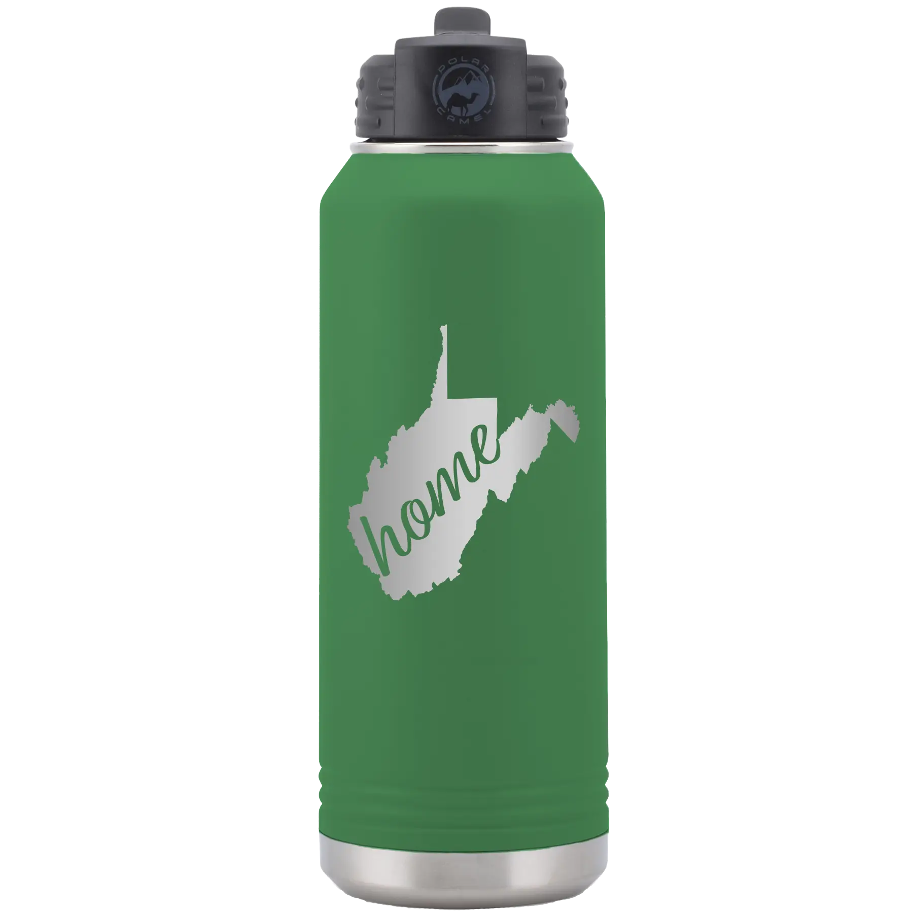 Laser etched green 32 oz vacuum insulated water bottle with 'West Virginia Home' design