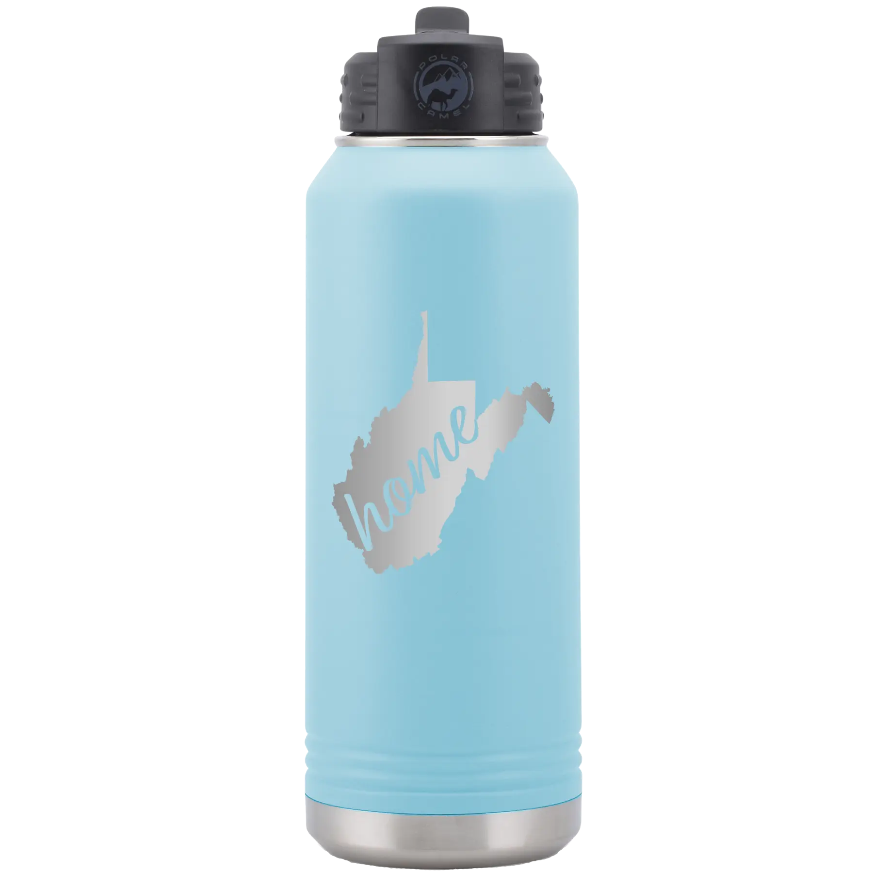 Laser etched light blue 32 oz vacuum insulated water bottle with 'West Virginia Home' design