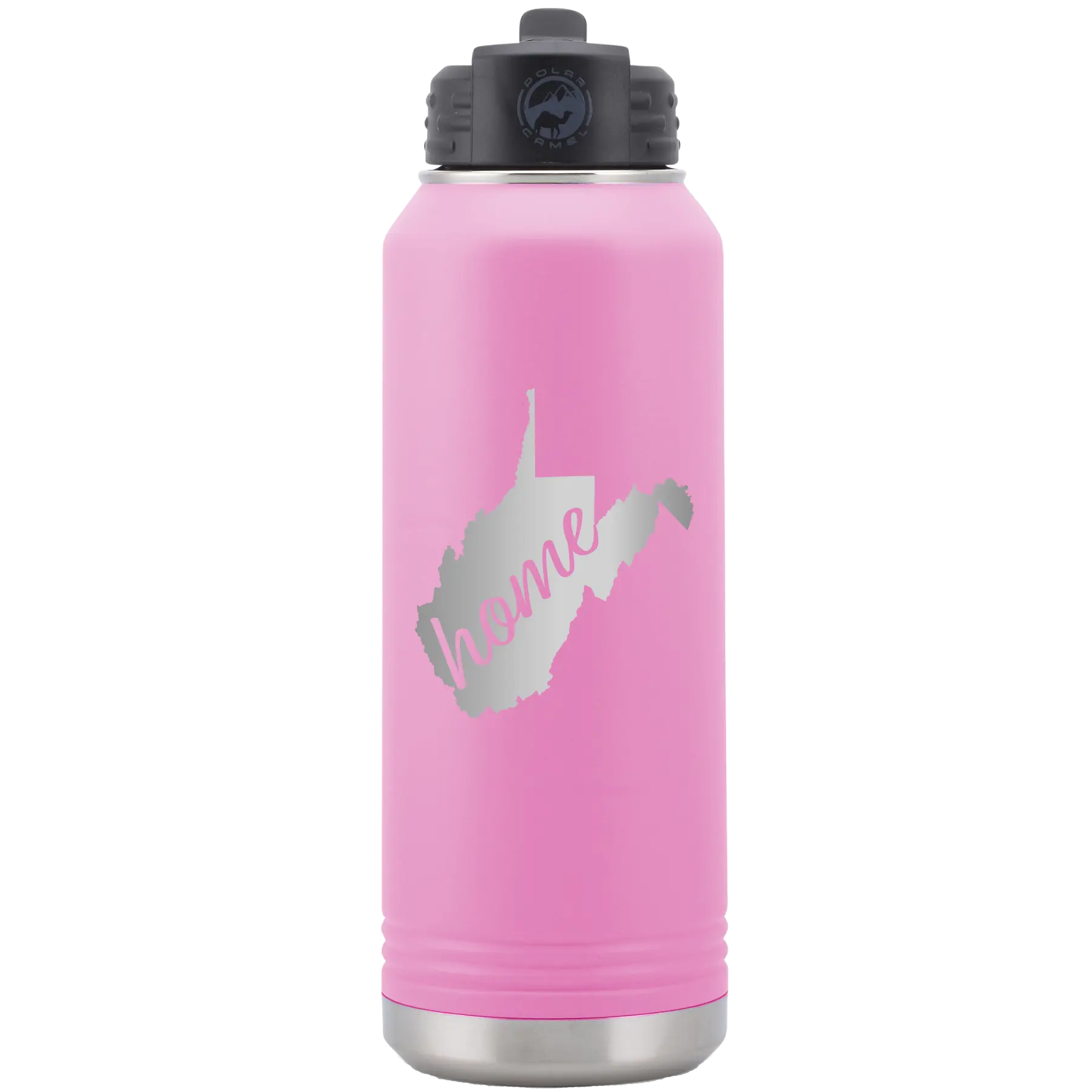 Laser etched light purple 32 oz vacuum insulated water bottle with 'West Virginia Home' design