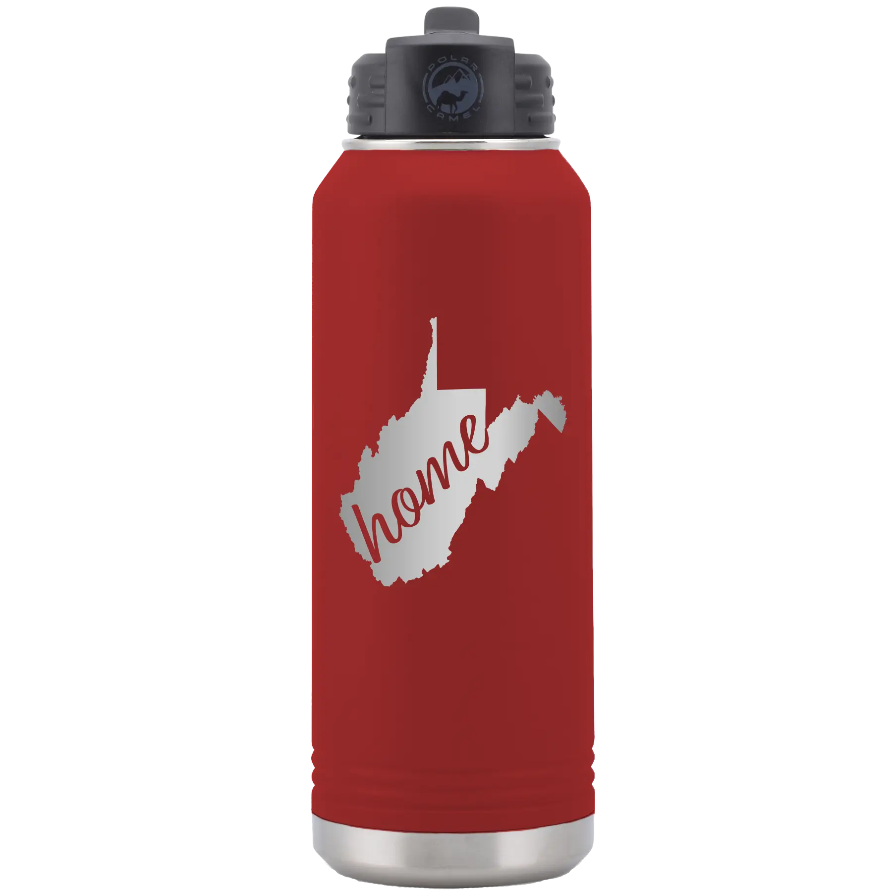 Laser etched maroon 32 oz vacuum insulated water bottle with 'West Virginia Home' design