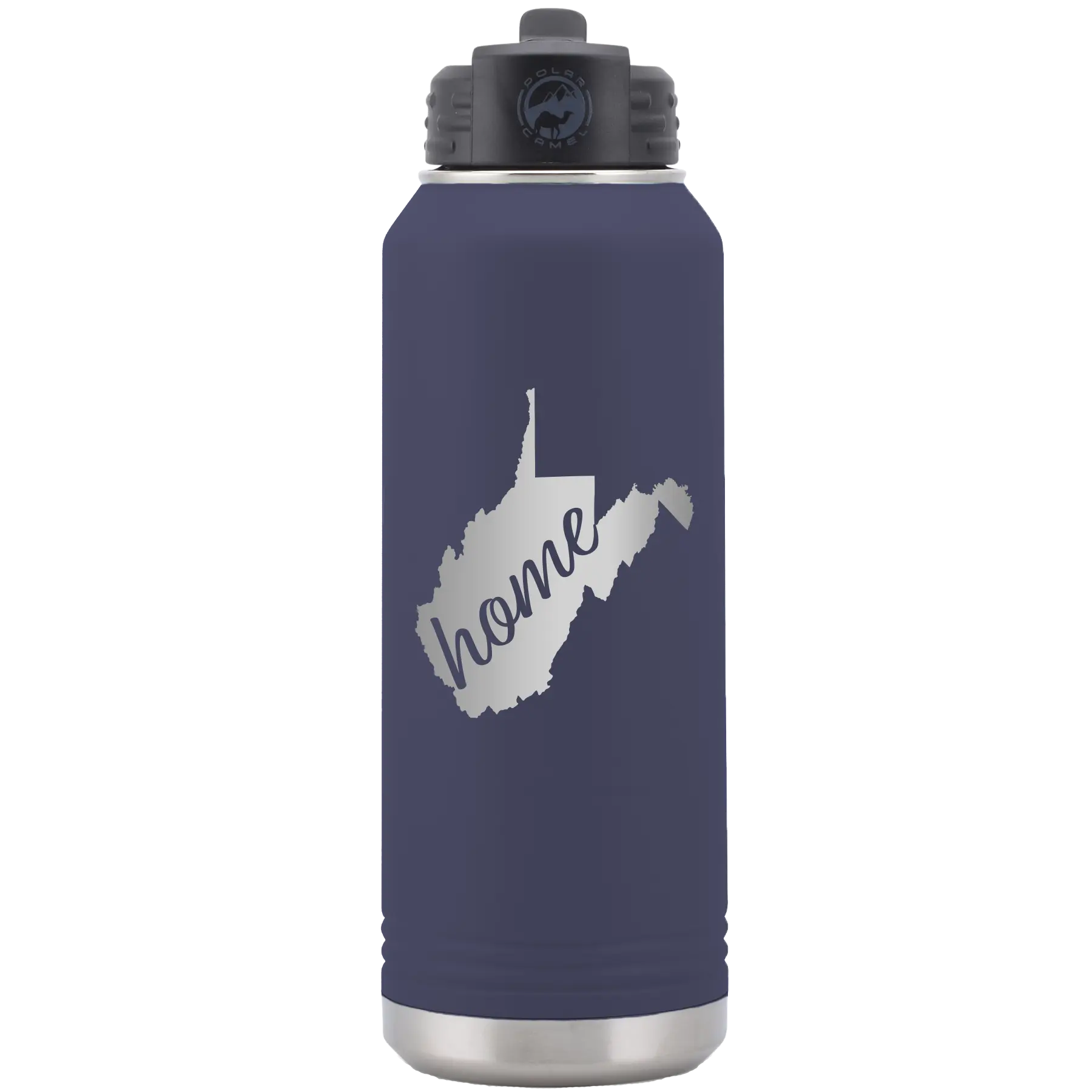 Laser etched navy 32 oz vacuum insulated water bottle with 'West Virginia Home' design