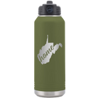 Laser etched olive green 32 oz vacuum insulated water bottle with 'West Virginia Home' design