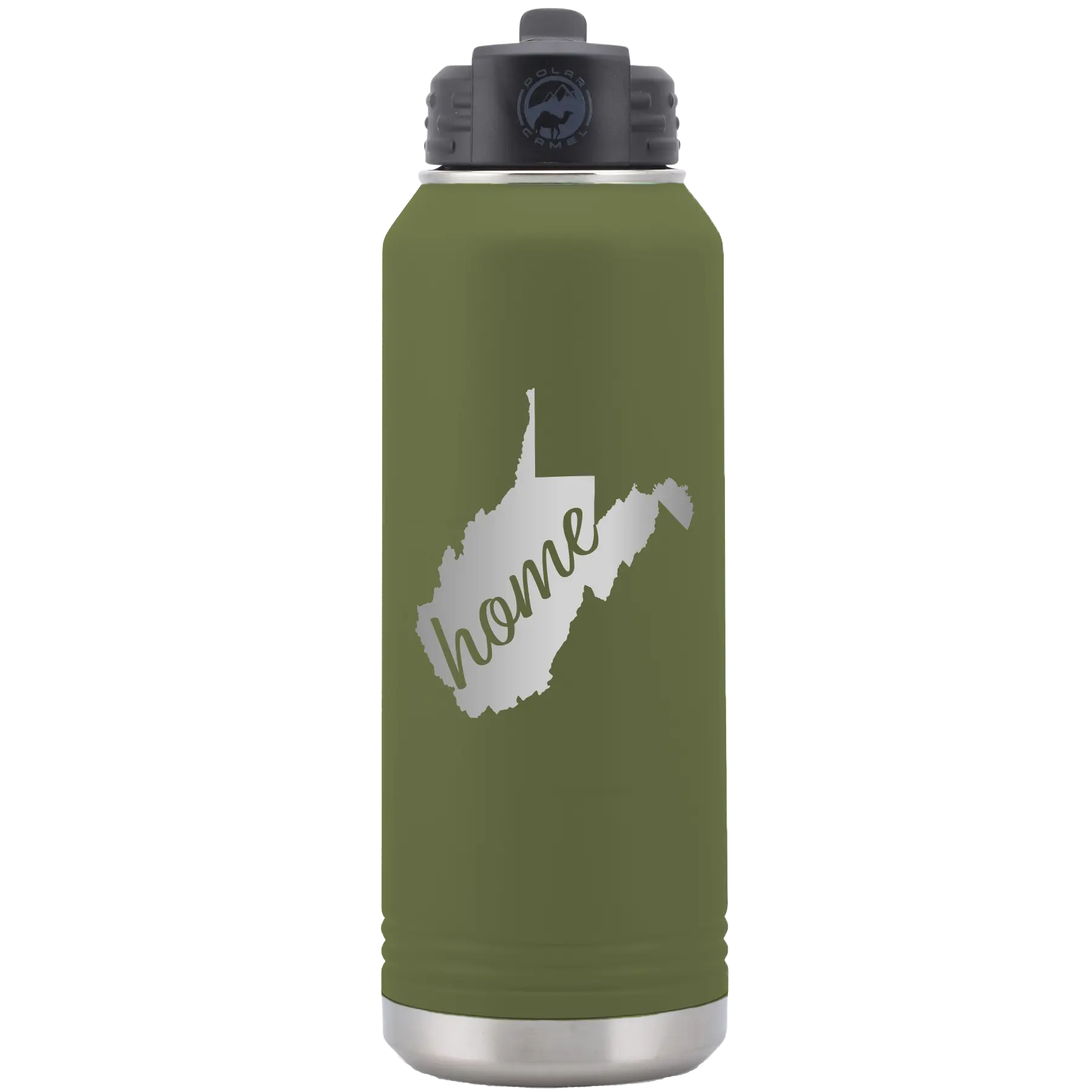 Laser etched olive green 32 oz vacuum insulated water bottle with 'West Virginia Home' design