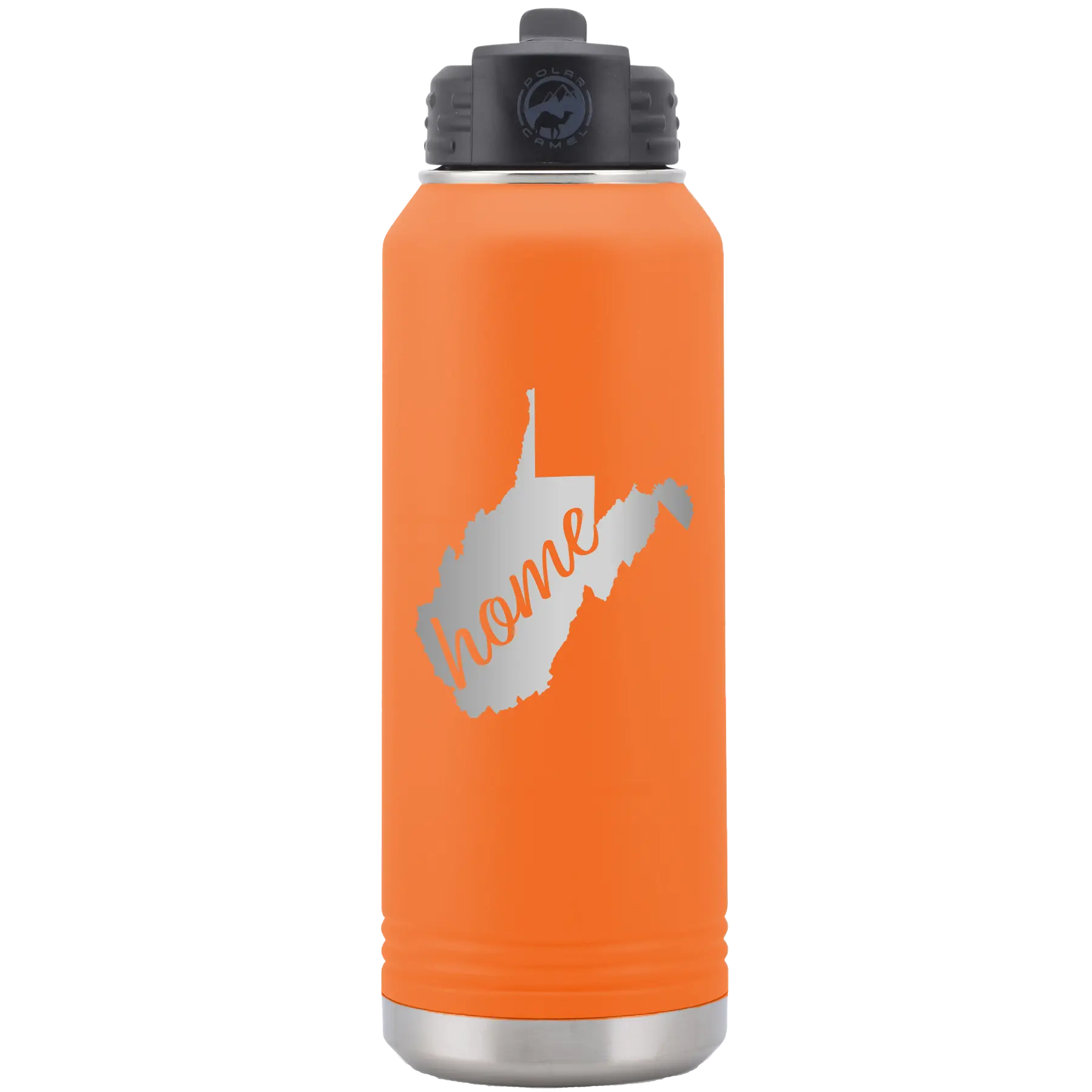 Laser etched orange 32 oz vacuum insulated water bottle with 'West Virginia Home' design