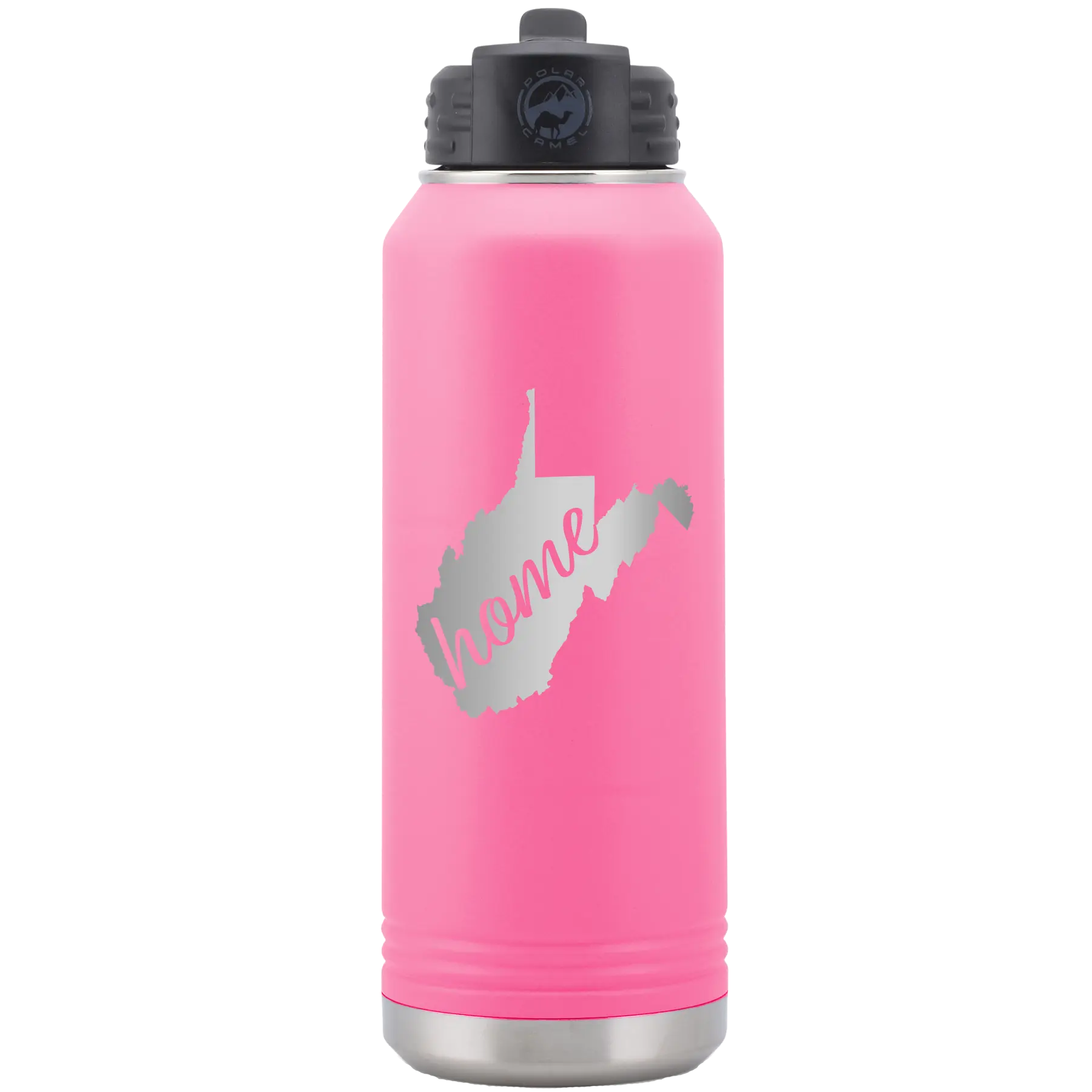 Laser etched pink 32 oz vacuum insulated water bottle with 'West Virginia Home' design