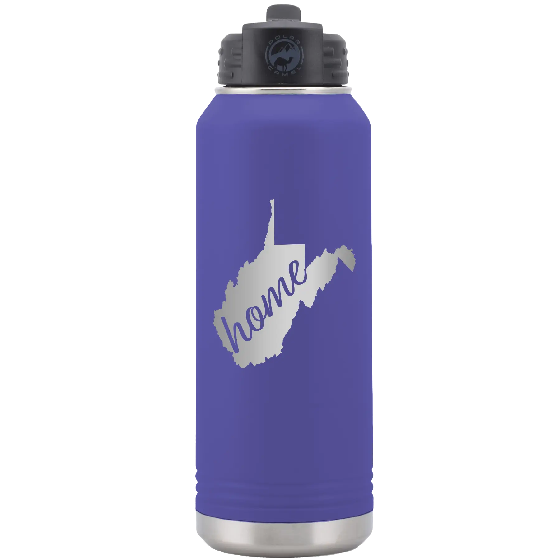 Laser etched purple 32 oz vacuum insulated water bottle with 'West Virginia Home' design