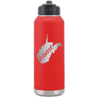 Laser etched red 32 oz vacuum insulated water bottle with 'West Virginia Home' design