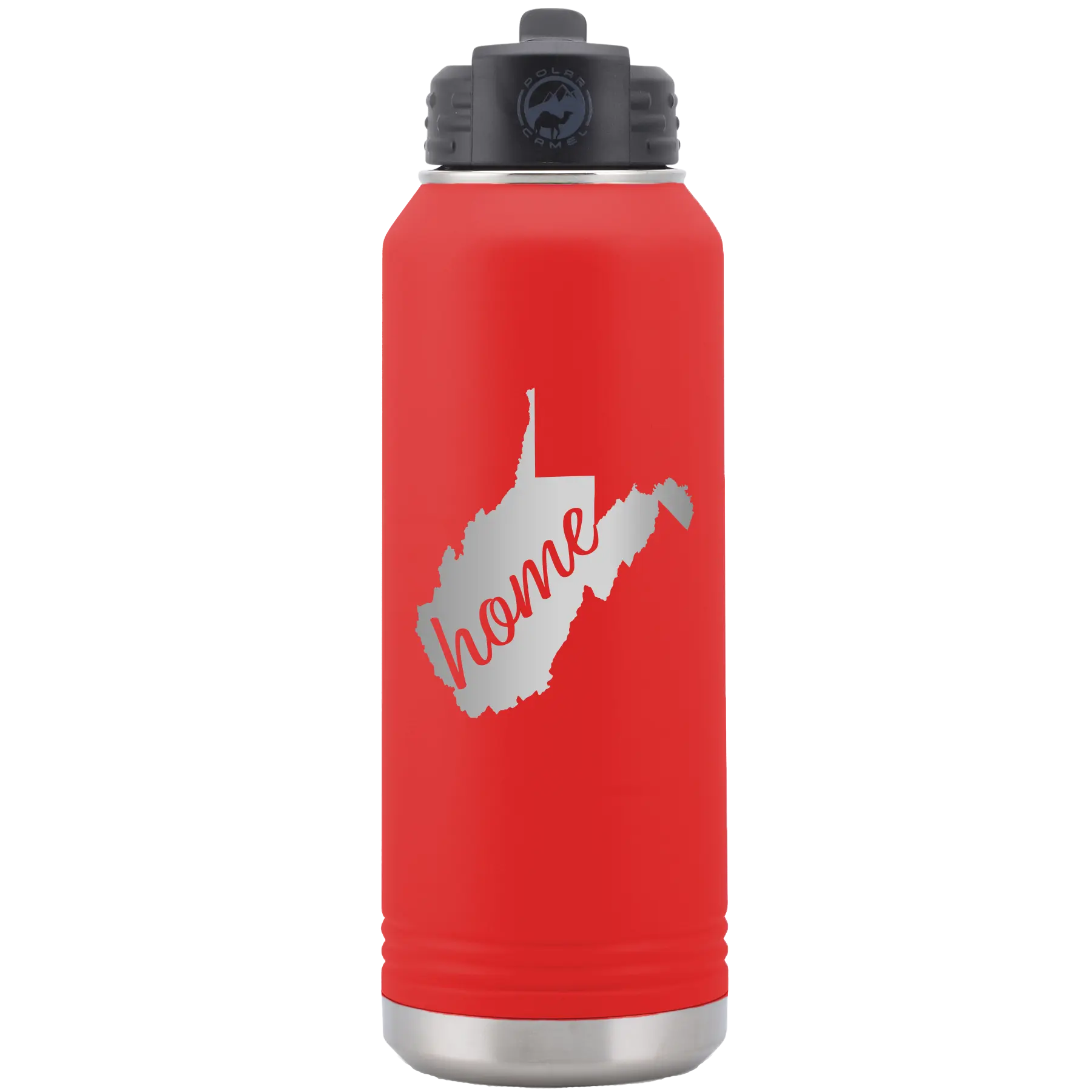 Laser etched red 32 oz vacuum insulated water bottle with 'West Virginia Home' design
