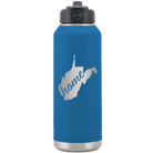 Laser etched royal blue 32 oz vacuum insulated water bottle with 'West Virginia Home' design