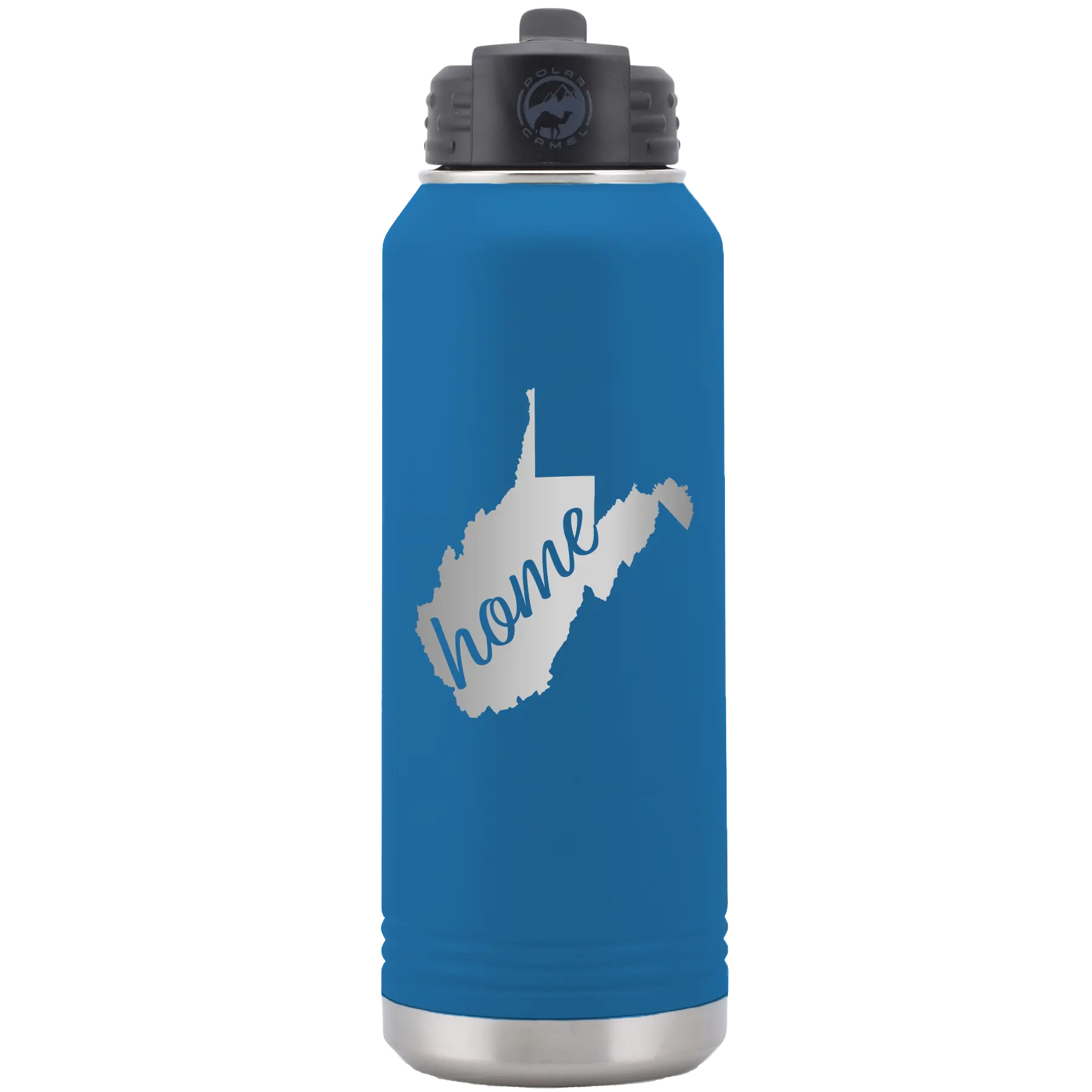 Laser etched royal blue 32 oz vacuum insulated water bottle with 'West Virginia Home' design
