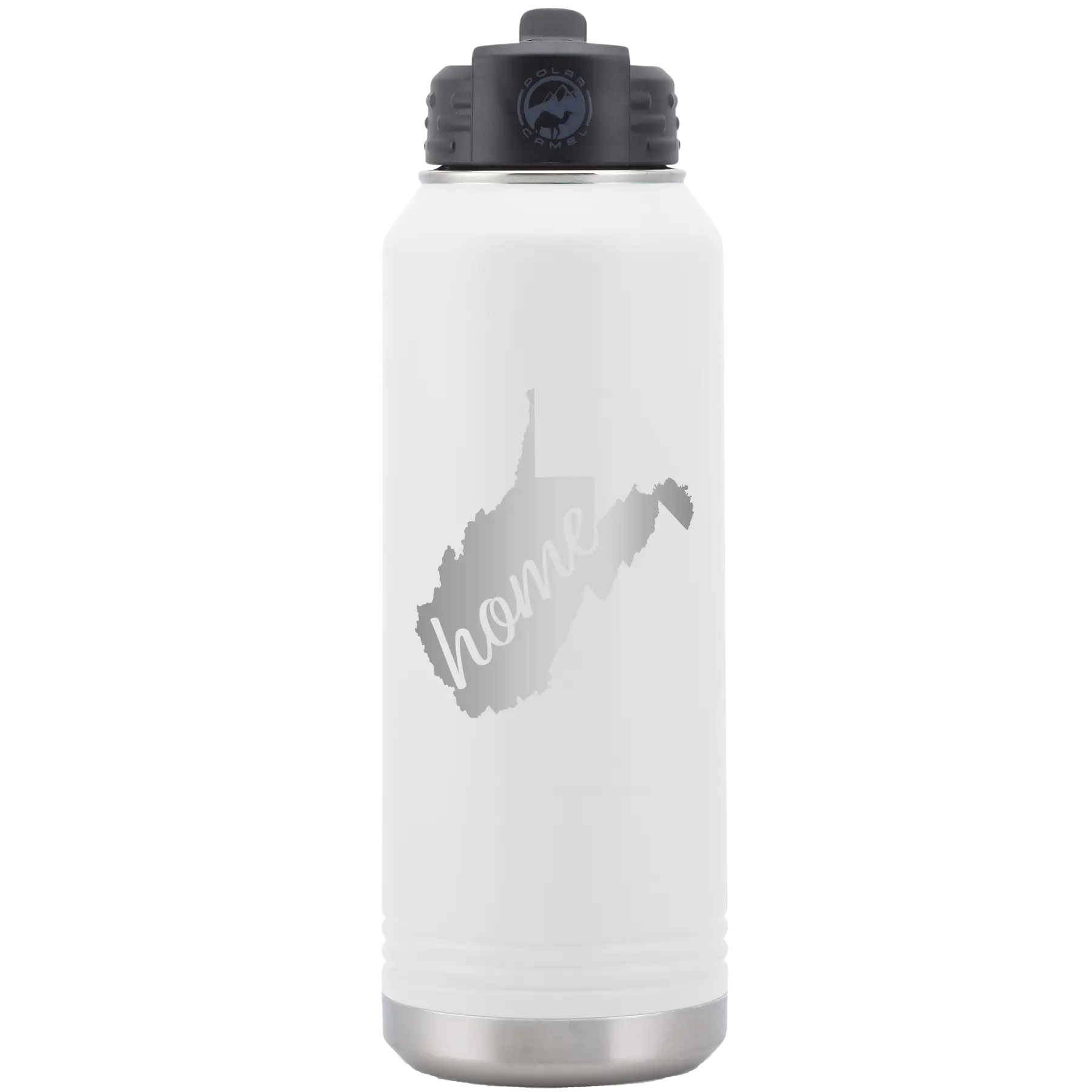 Laser etched white 32 oz vacuum insulated water bottle with 'West Virginia Home' design