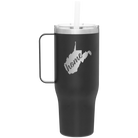 Laser etched black 40 oz vacuum insulated tumbler mug with 'West Virginia Home' design