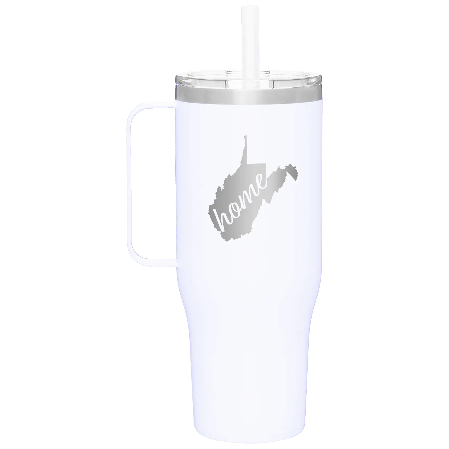 Laser etched white 40 oz vacuum insulated tumbler mug with 'West Virginia Home' design