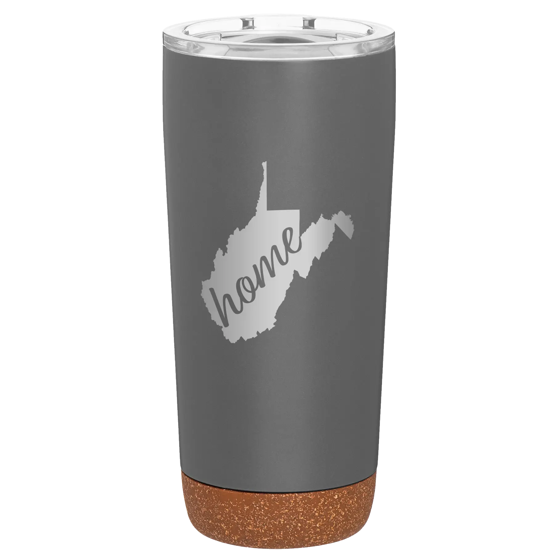 Laser etched storm gray 20 oz vacuum insulated tumbler with 'West Virginia Home' design