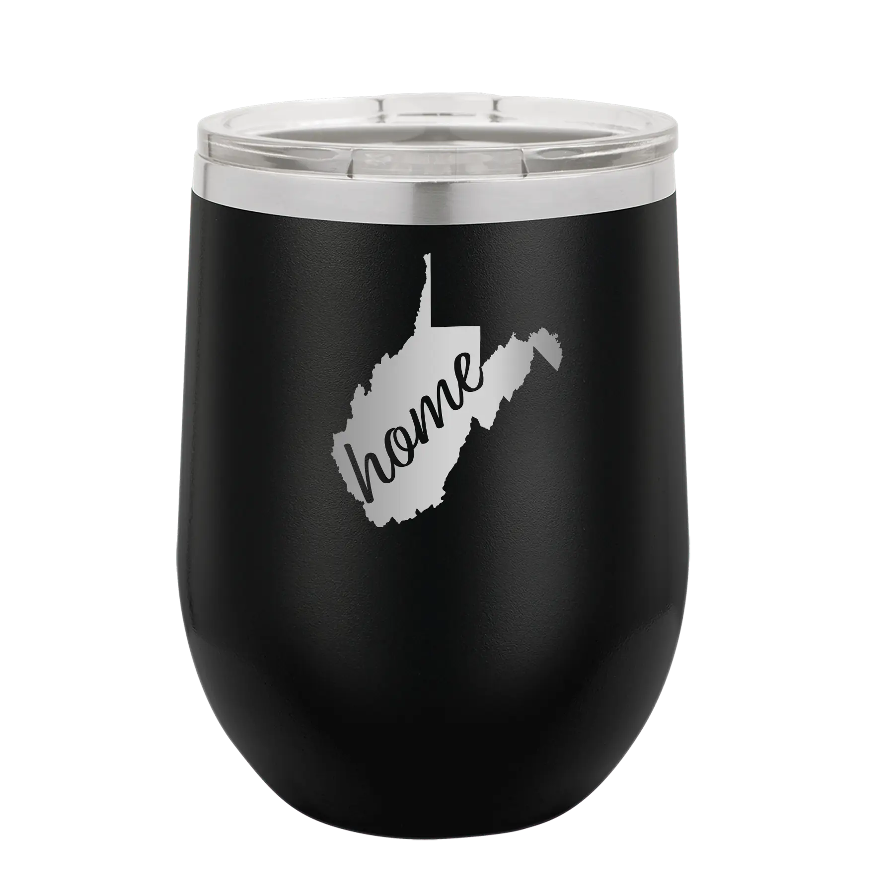 Laser etched black 12 oz vacuum insulated wine cup with 'West Virginia Home' design