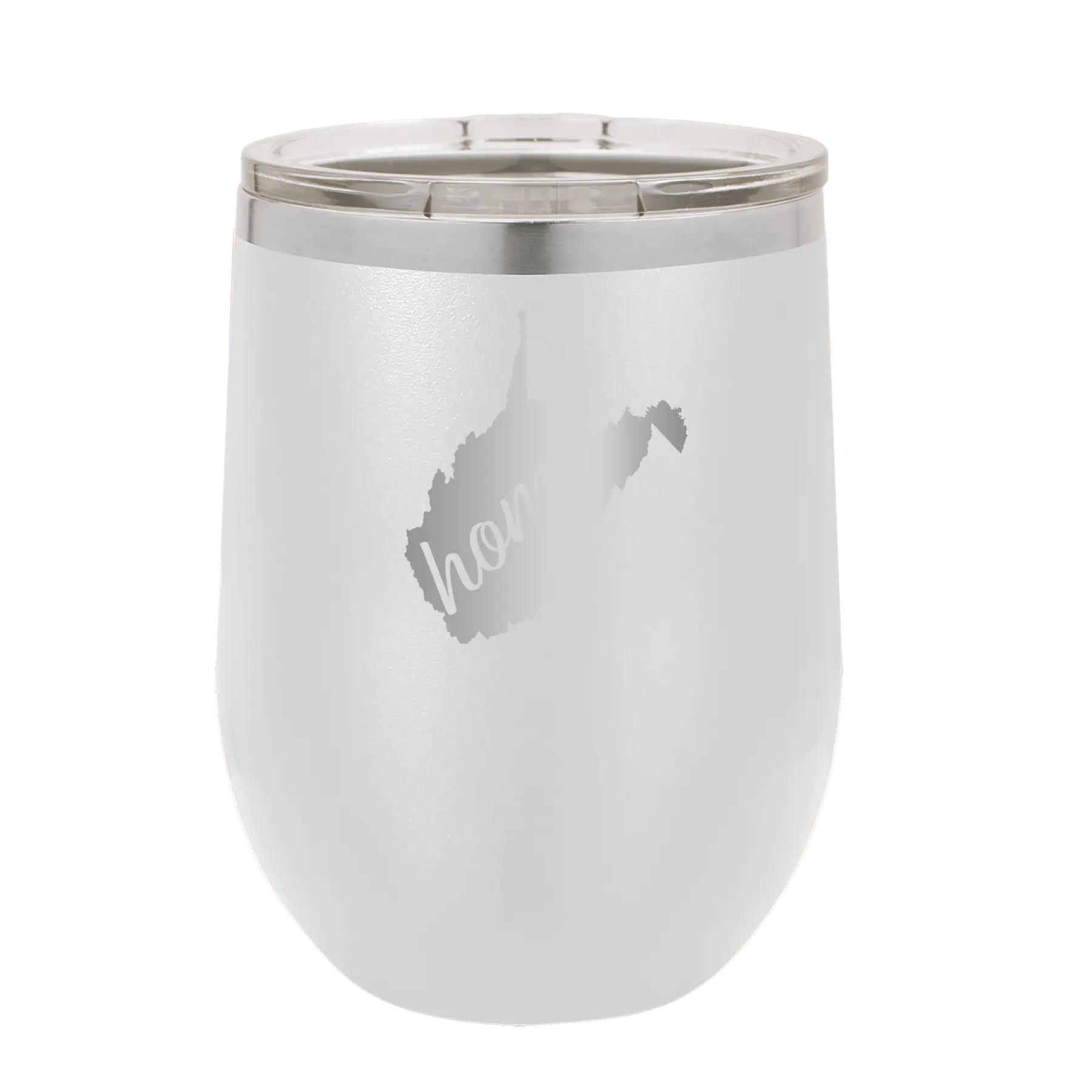 Laser etched white 12 oz vacuum insulated wine cup with 'West Virginia Home' design