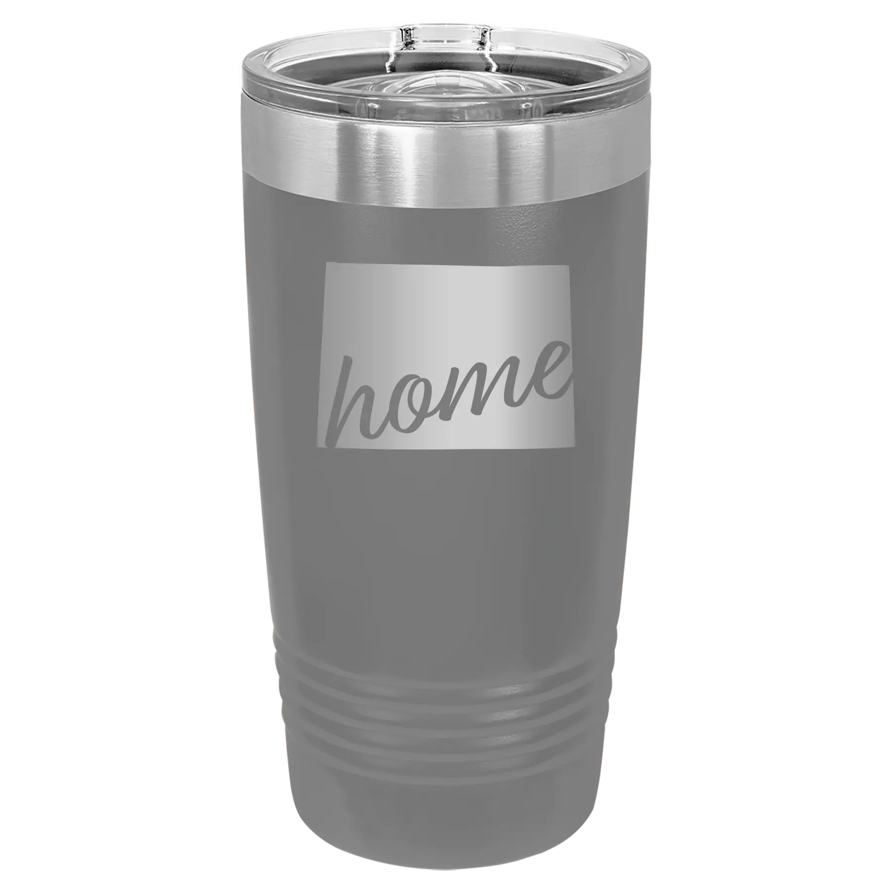 Laser etched dark gray 20 oz vacuum insulated tumbler with 'Wyoming Home' design
