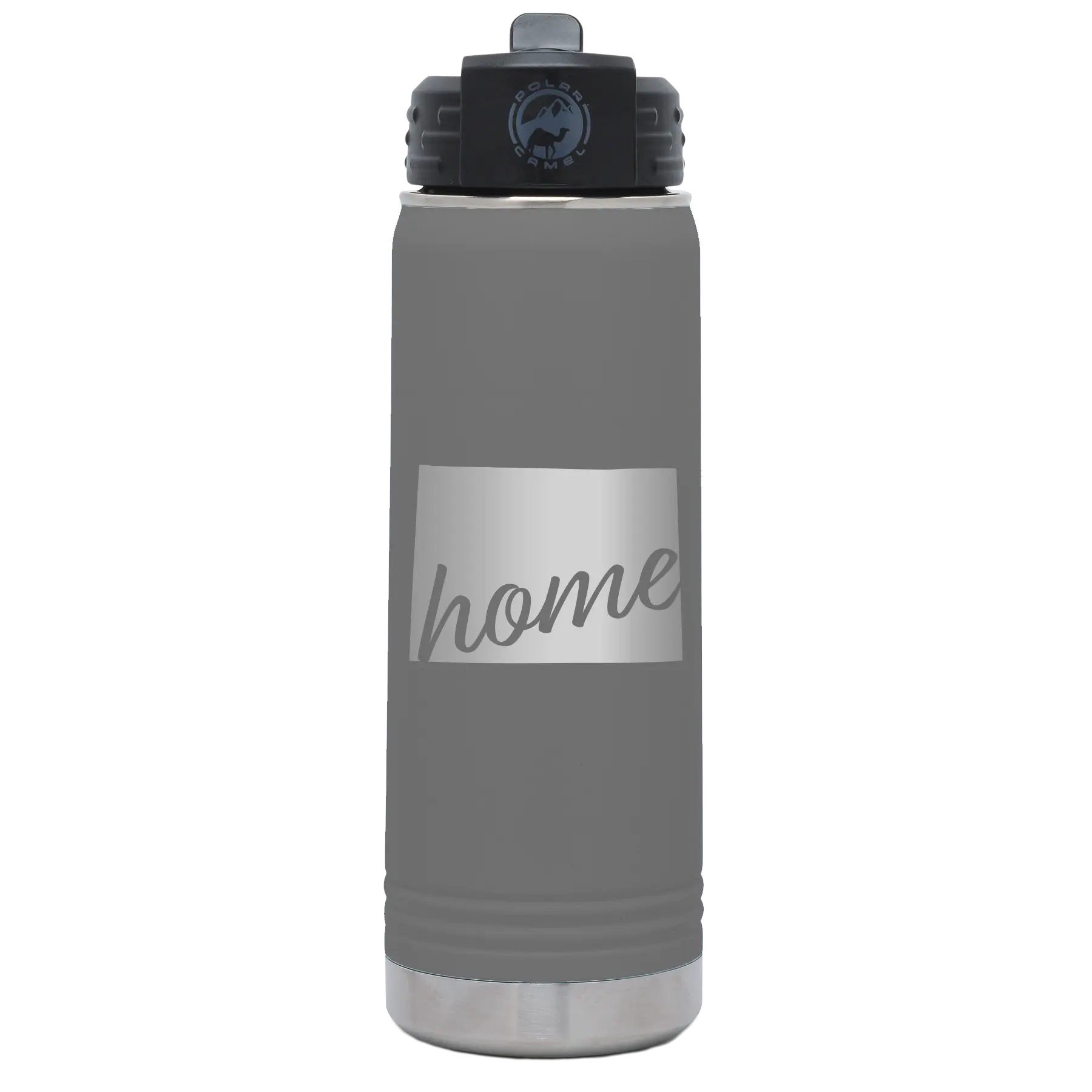 Laser etched dark gray 20 oz vacuum insulated water bottle with 'Wyoming Home' design
