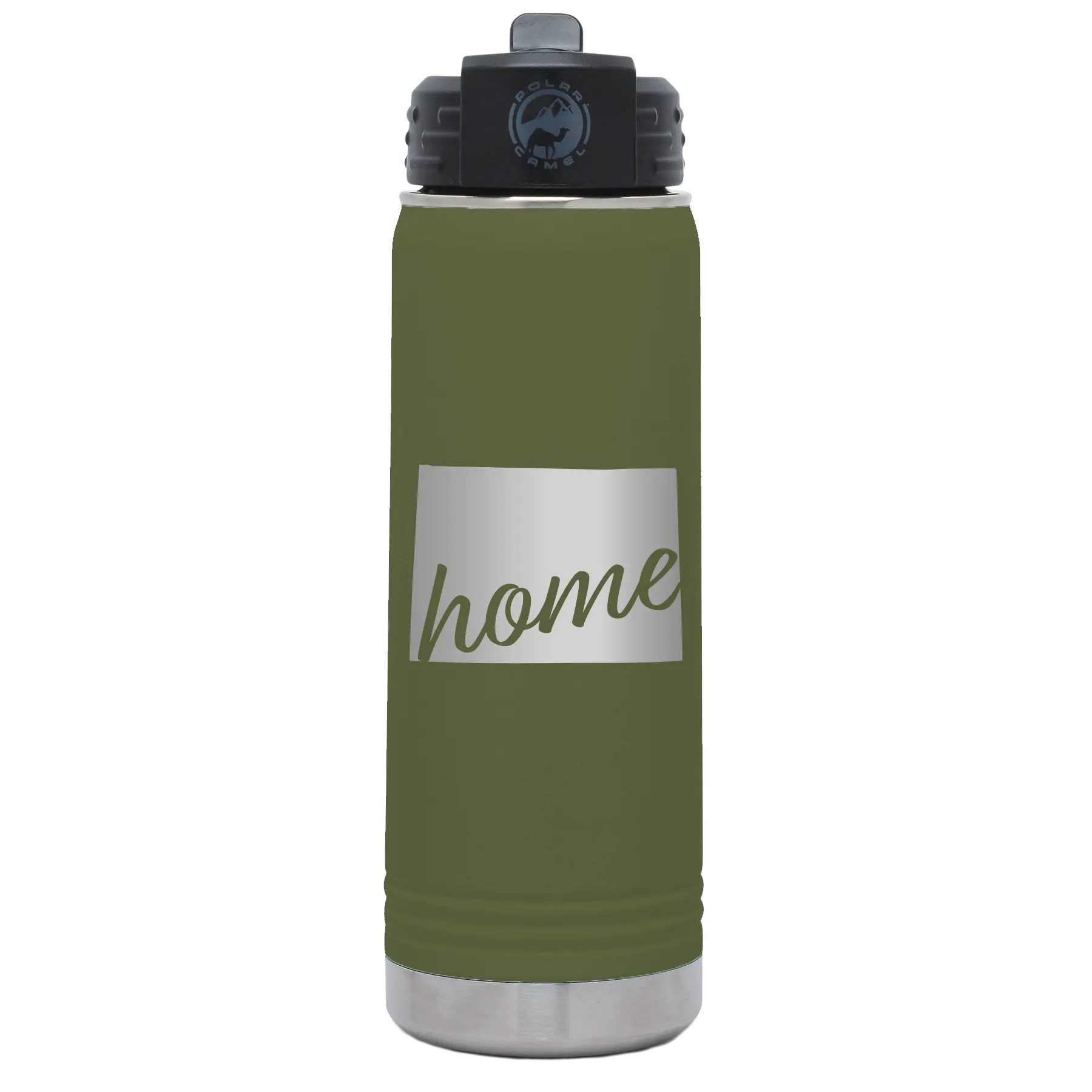 Laser etched olive green 20 oz vacuum insulated water bottle with 'Wyoming Home' design