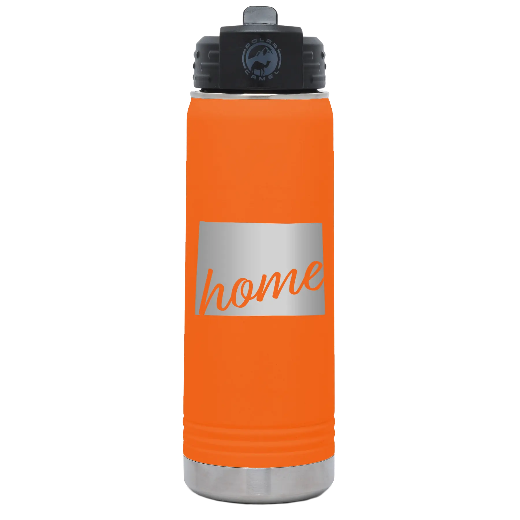 Laser etched orange 20 oz vacuum insulated water bottle with 'Wyoming Home' design