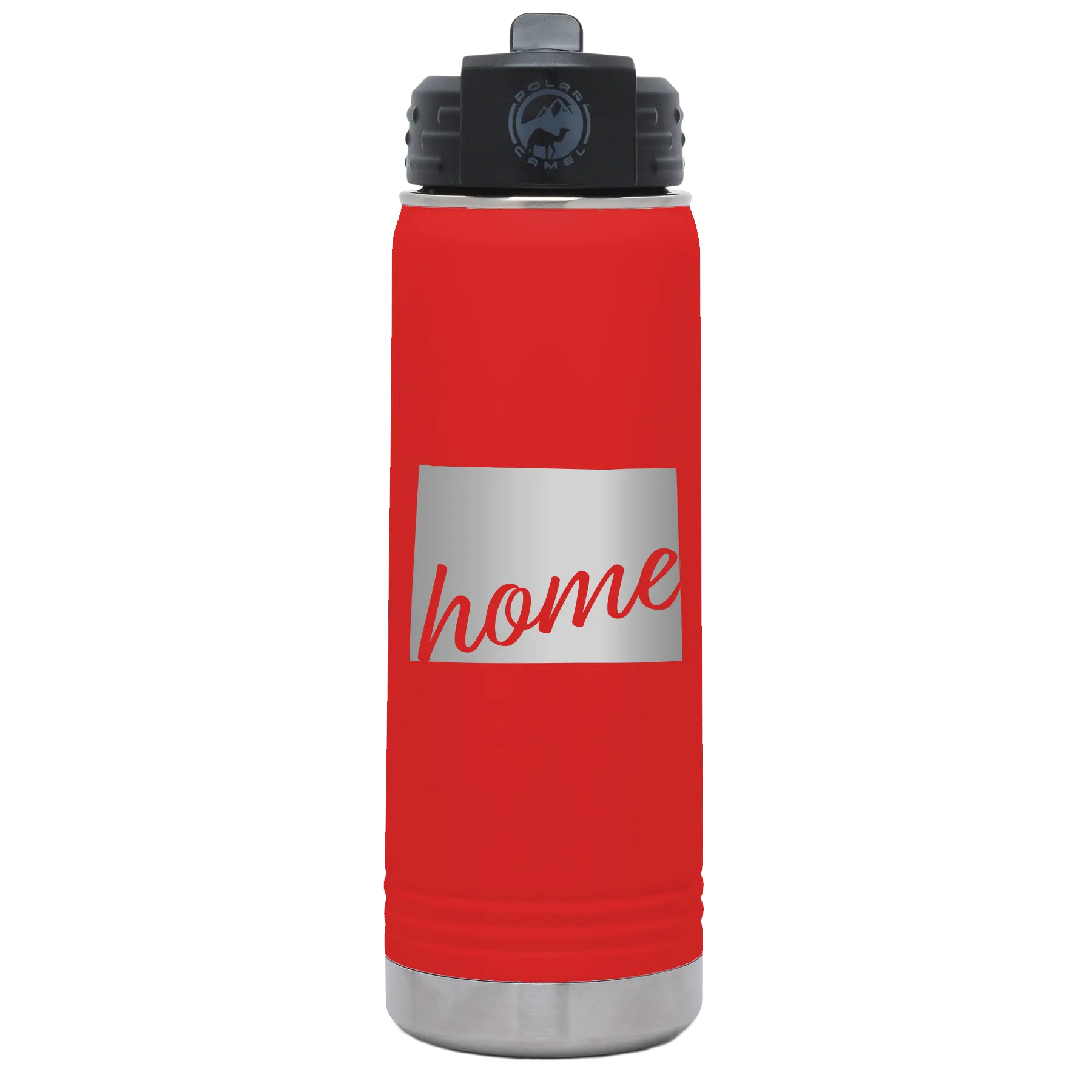 Laser etched red 20 oz vacuum insulated water bottle with 'Wyoming Home' design