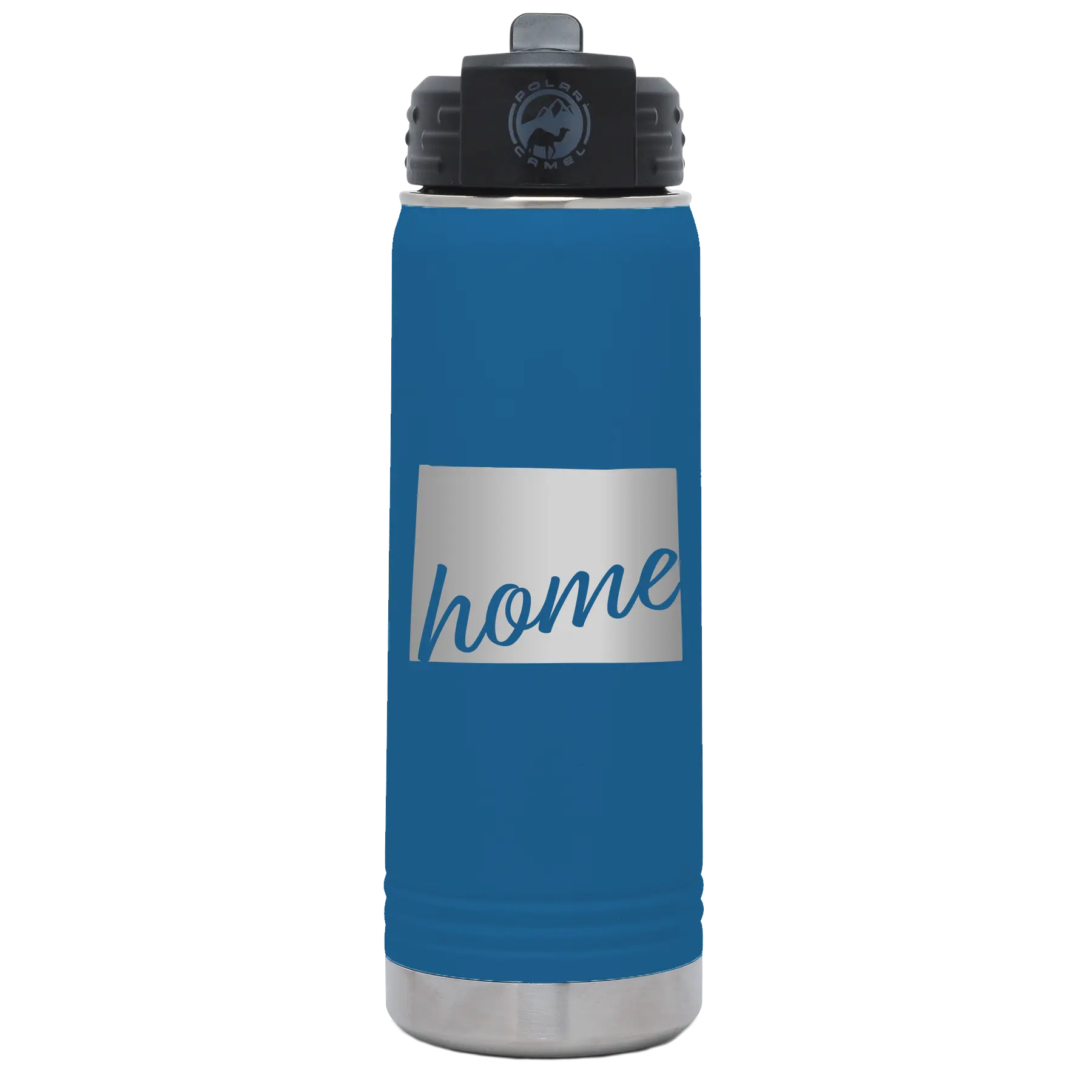 Laser etched royal blue 20 oz vacuum insulated water bottle with 'Wyoming Home' design