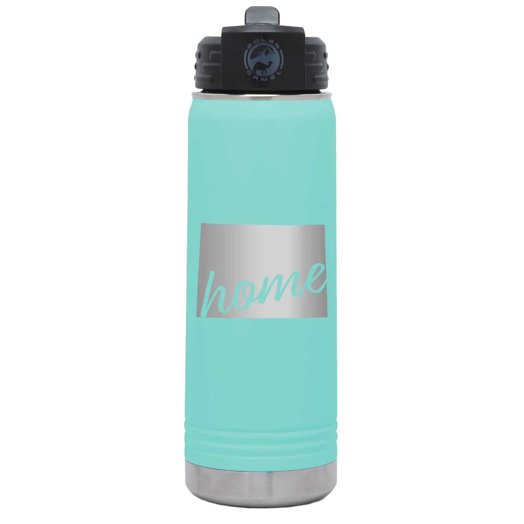 Laser etched teal 20 oz vacuum insulated water bottle with 'Wyoming Home' design