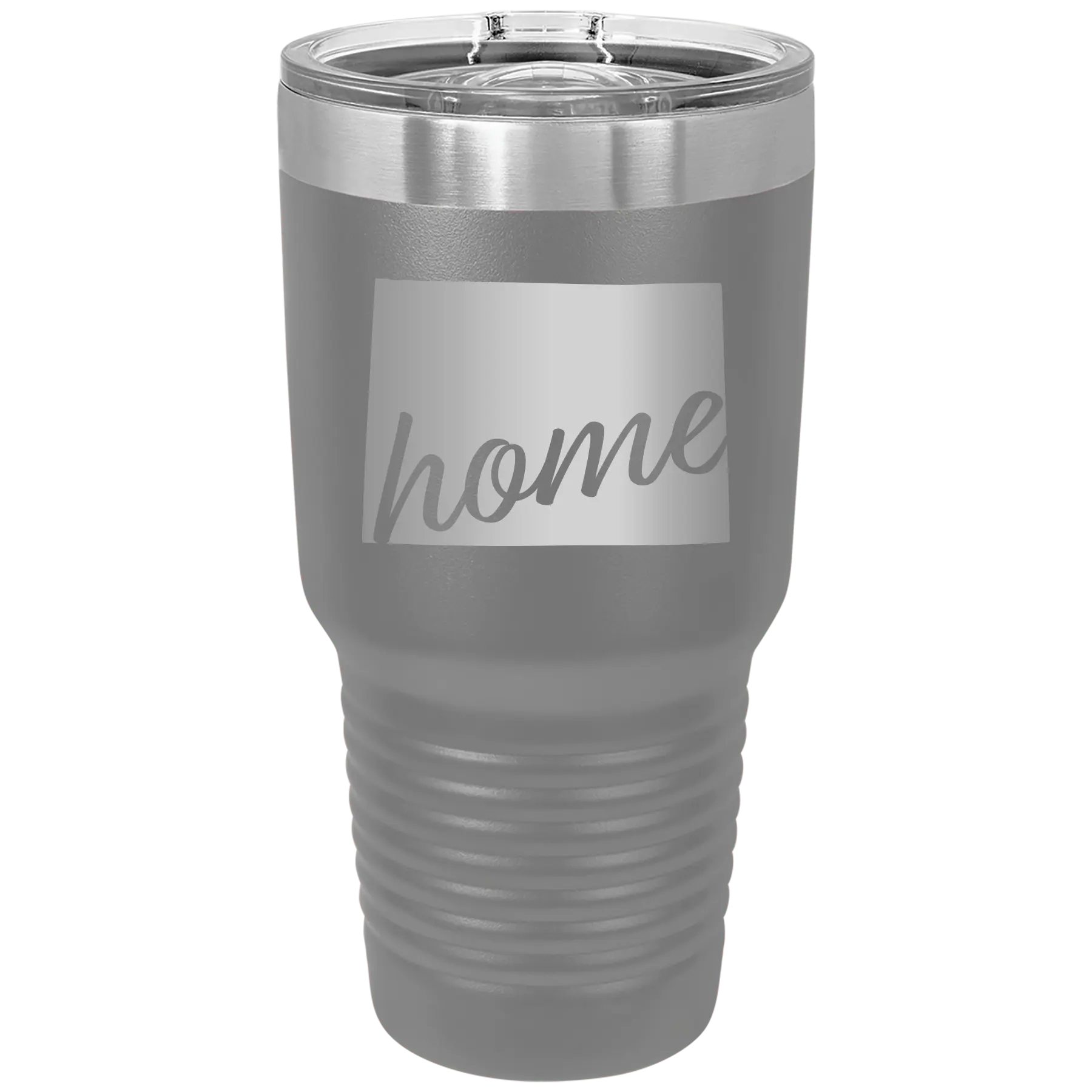 Laser etched dark gray 30 oz vacuum insulated tumbler with 'Wyoming Home' design