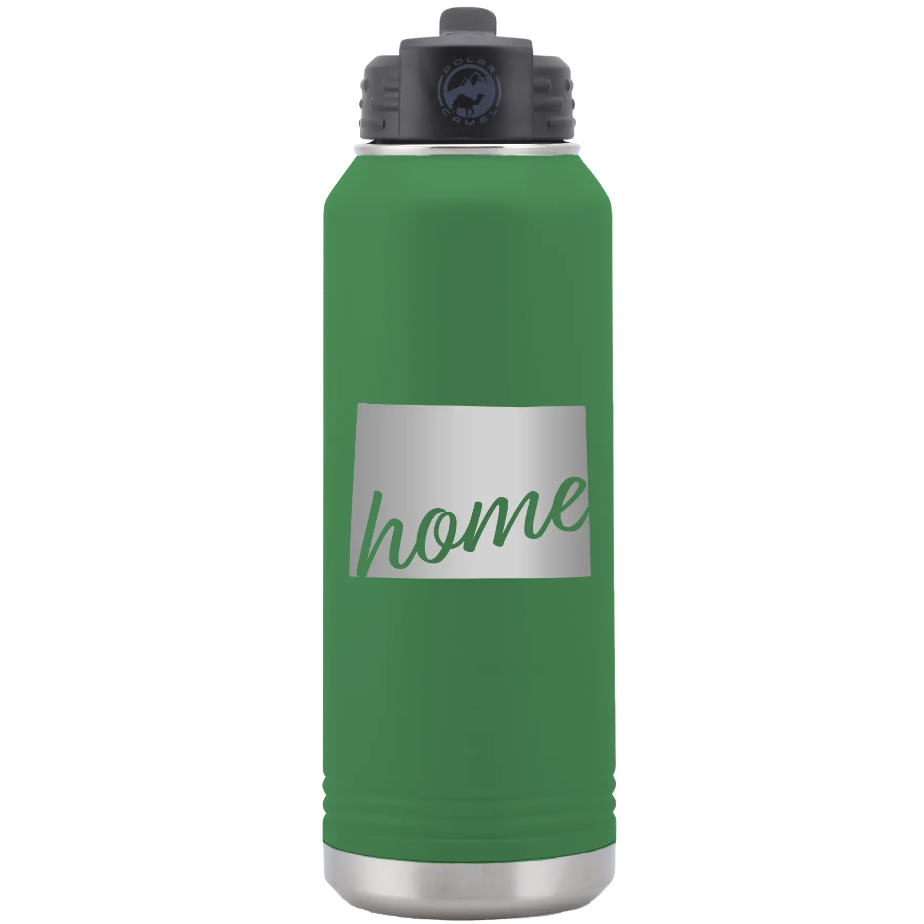 Laser etched green 32 oz vacuum insulated water bottle with 'Wyoming Home' design