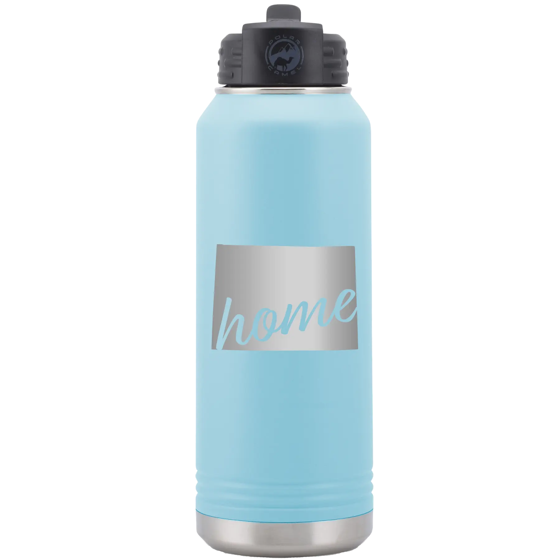 Laser etched light blue 32 oz vacuum insulated water bottle with 'Wyoming Home' design